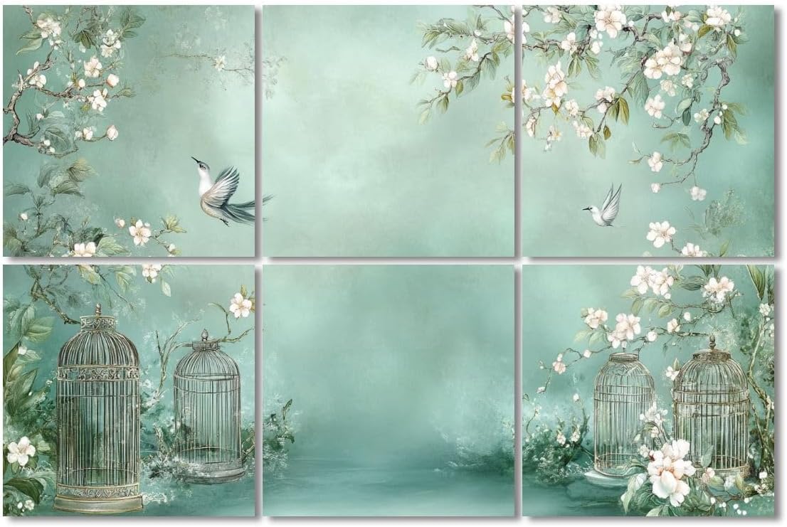 6 Pack Art Acoustic Panels Sound Absorbing Chinoiserie Plum Blossom Bird Vintage Green Floral Flowering Branches Decorative Soundproof Wall Panels Self Adhesive for Recording Studios Office 72