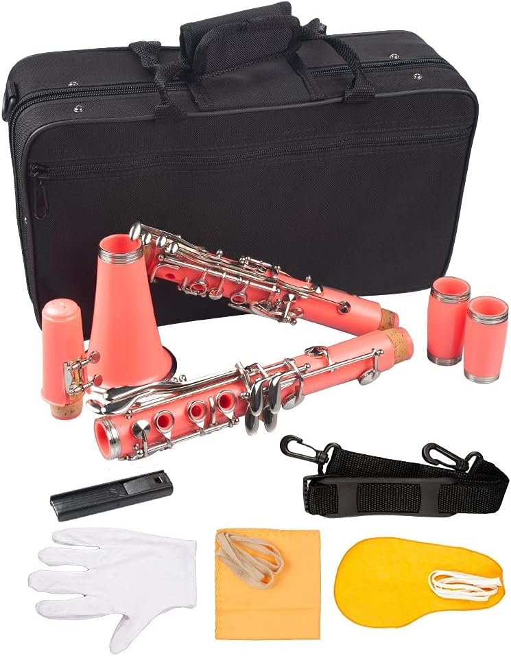 Standard Clarinet Pink ABS Clarinet Bb Cupronickel Nickel Plated 17 Keys with Cleaning Cloth Gloves Woodwind Instrument Beginner Clarinet