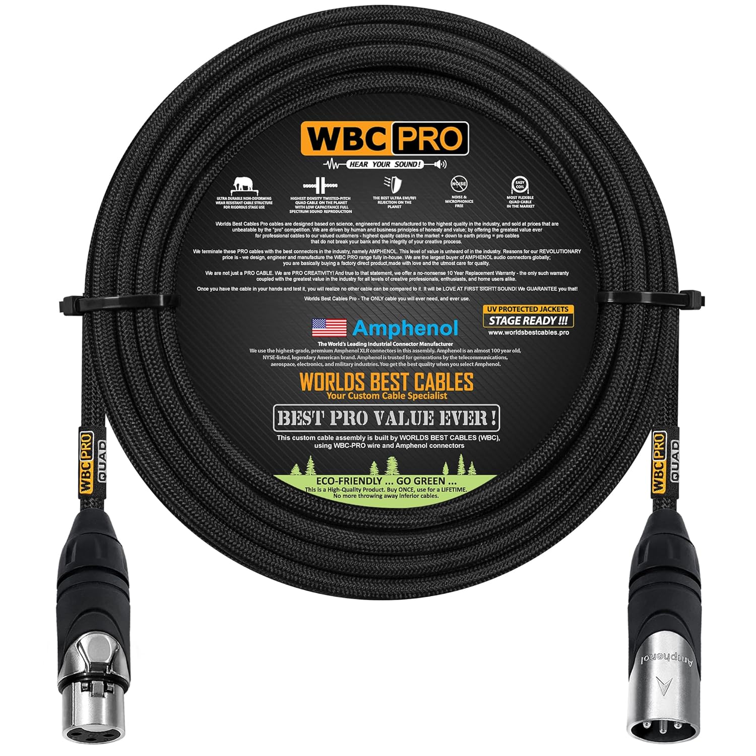 200 Foot - WBC-PRO-Quad Ultra-Silent Ultra-Flexible Balanced Star-Quad Cable with Amphenol Male & Female XLR Plugs & Black Tweed Jacket