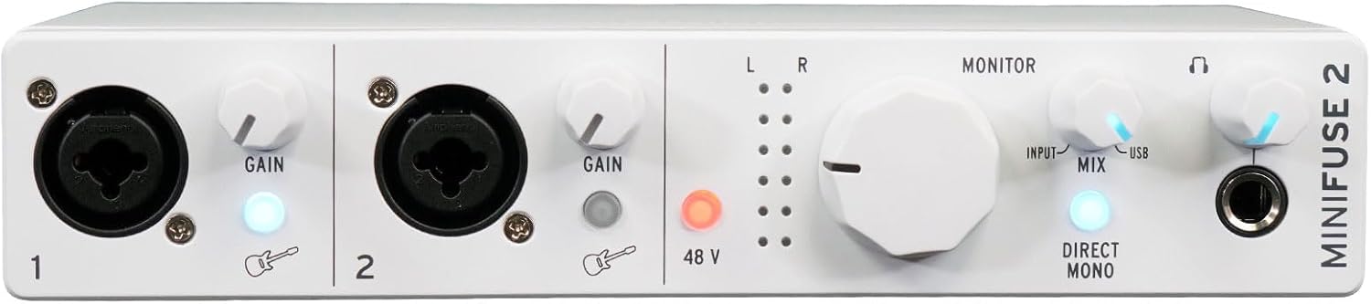 Audiosavings Bundle: (1) Arturia Minifuse 2 White 2x2 USB MIDI Audio Recording Interface+Software Bundle with (1) Rockville RMC-XLR High-End Metal DJ Handheld Wired Microphone Mic (2 Items)