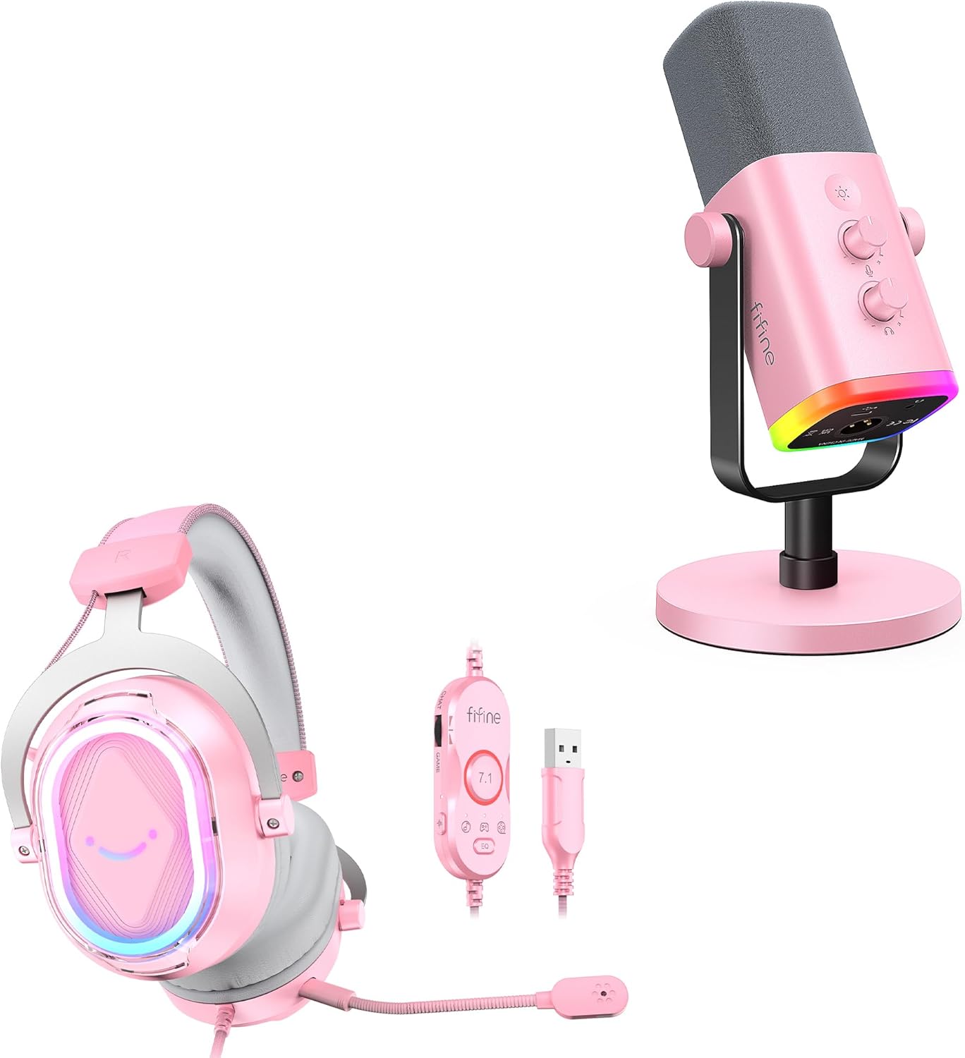 FIFINE Gaming Recording Microphone and Over-Ear Headset Bundle, Computer PC Mic and USB Gamer Headset Pack with Headphones Jack, RGB Button, Mute, Noise Canceling, 4 EQ Modes-AM8P+H13P