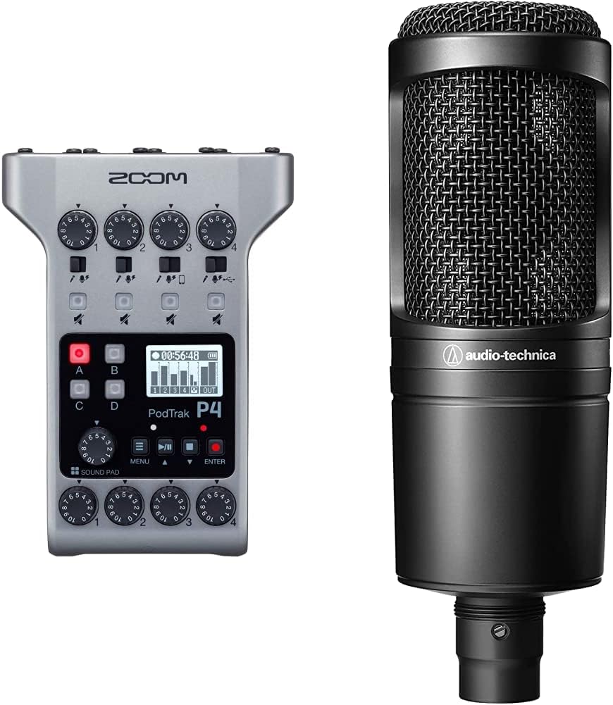 Zoom PodTrak P4 Podcast Recorder, 4 Microphone Inputs, Sound Pads, 2-In/2-Out Audio Interface & udio-Technica AT2020 Cardioid Condenser Studio XLR Microphone