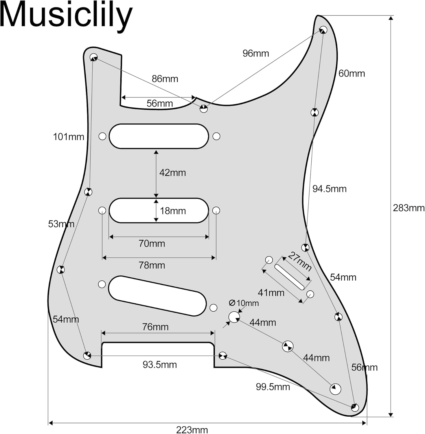 Musiclily Pro-SE ST-DPHC Pre-wired SSS Pickguard with Ceramic Mini Rail Humbucker for Strat Style Electric Guitar, 3Ply Aged White