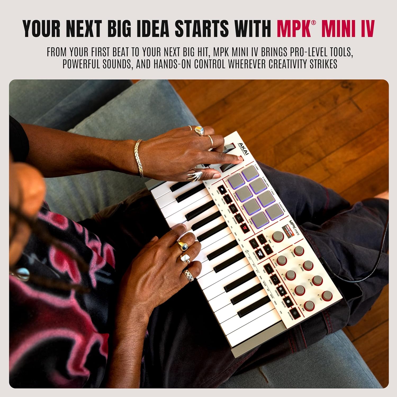 Akai Professional MPK Mini IV USB-C MIDI Keyboard Controller for Beginners and Producers - MPC Drum Pads, 360° Knobs, Pitch and Mod Wheels, Production Software, Native Instruments Sound Package, Grey