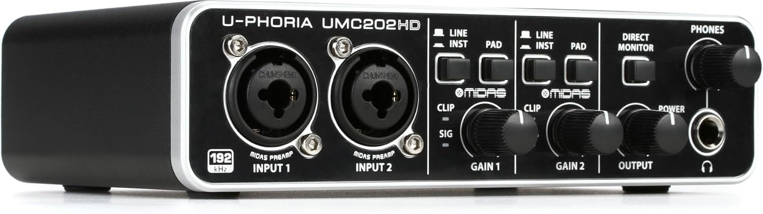 Behringer UMC202HD Audiophile 2x2, 24-Bit/192 kHz USB Audio Interface with Midas Mic Preamplifiers | For Recording Microphones and Instruments