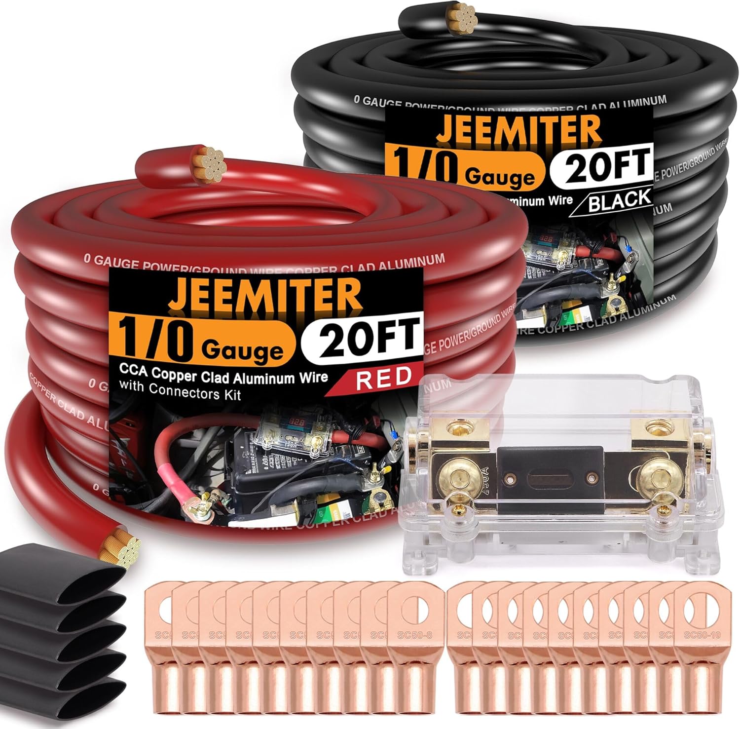 1/0 Gauge CCA Wire Kit with ANL Fuse - 40ft Total (20ft Red+Black) Car Amplifier Power Ground Cable, Complete Amp Install & Big 3 Upgrade Kit