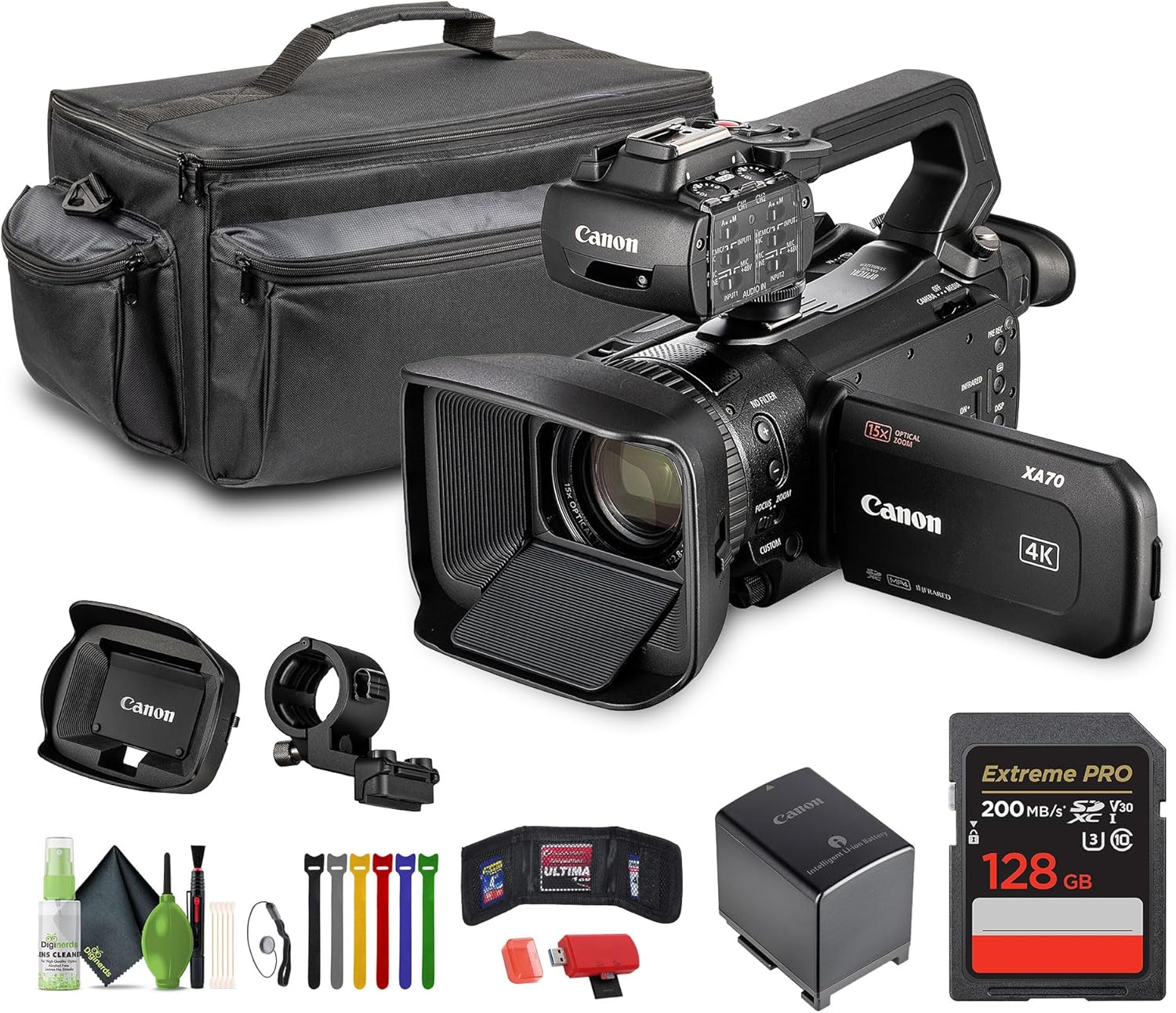 Canon XA70 PAL 4K UHD / 25p Camcorder with Dual-Pixel Autofocus Bundle with 128GB Memory Card + Carrying Case + Cleaning kit