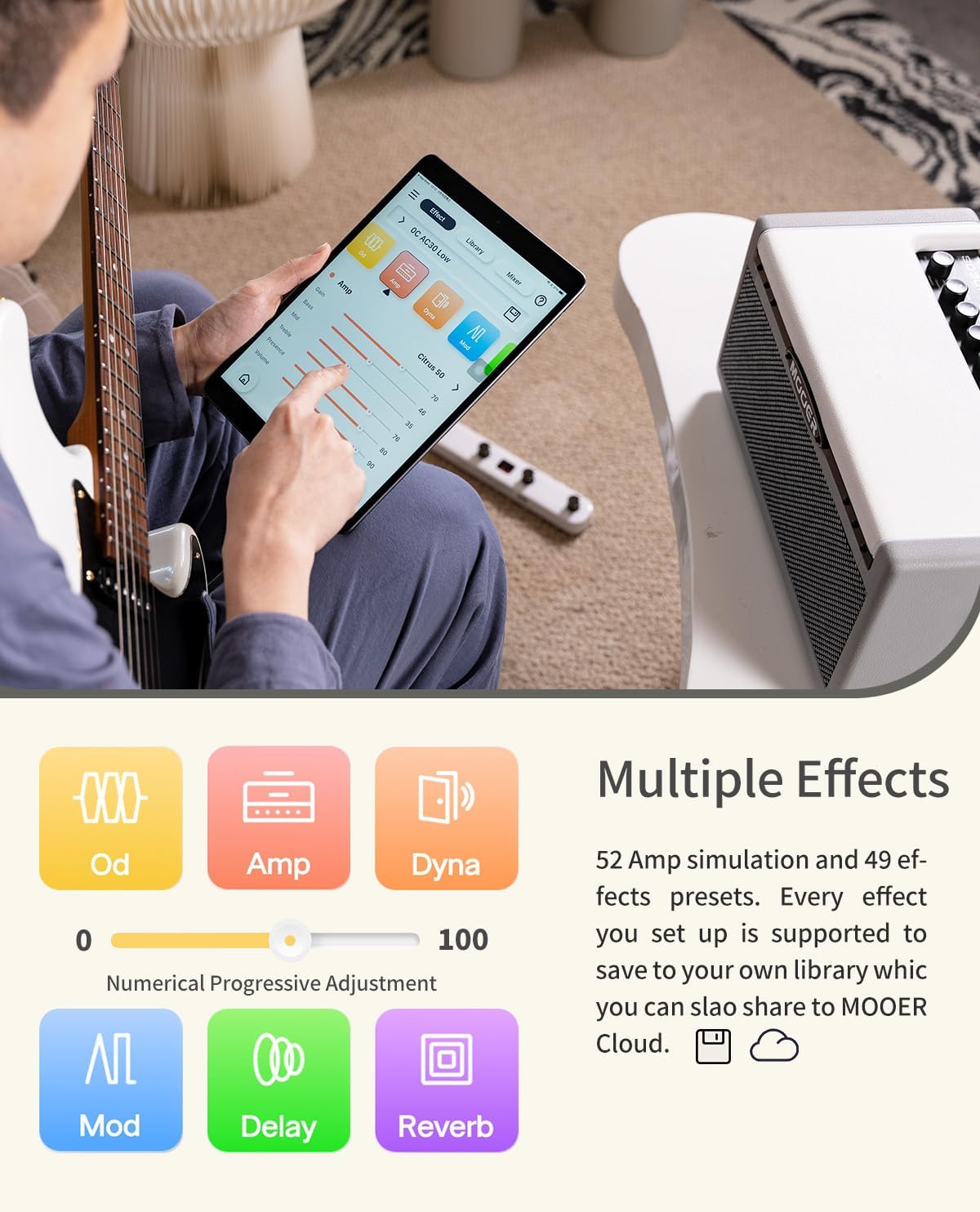 MOOER SD30i Practice Guitar Amp Portable Smart Amplifier, Bluetooth 30W Stereo Sound, 5Hrs Bettary Life, with 101 Effects, 80s Looper and 40 Drummer for Electric Guitar