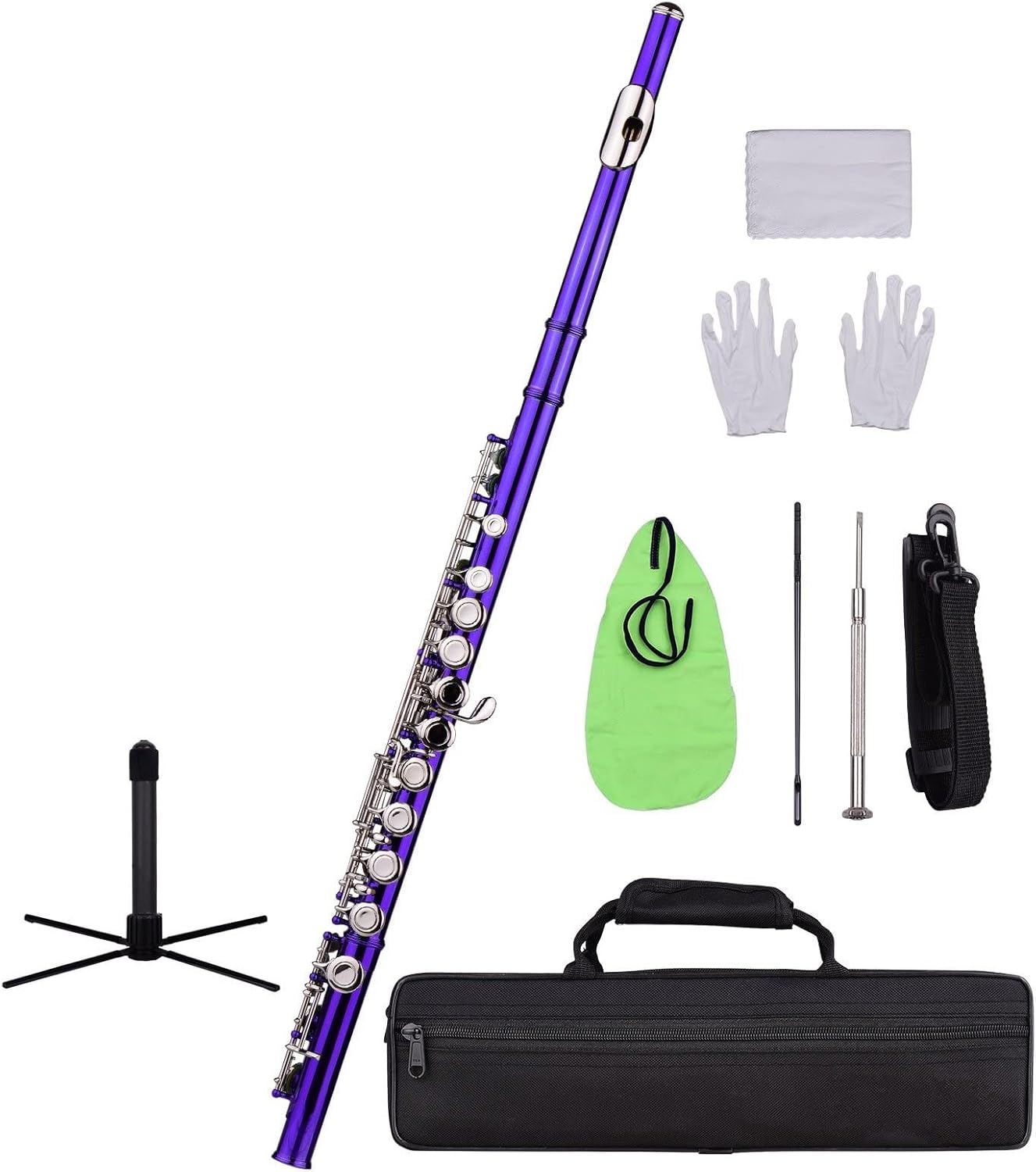 Flutes Carry Case Flute Stand Closed Hole C Flute 16 Keys Cupronickel Nickel-Plated Wind Instrument (Color : Purple)