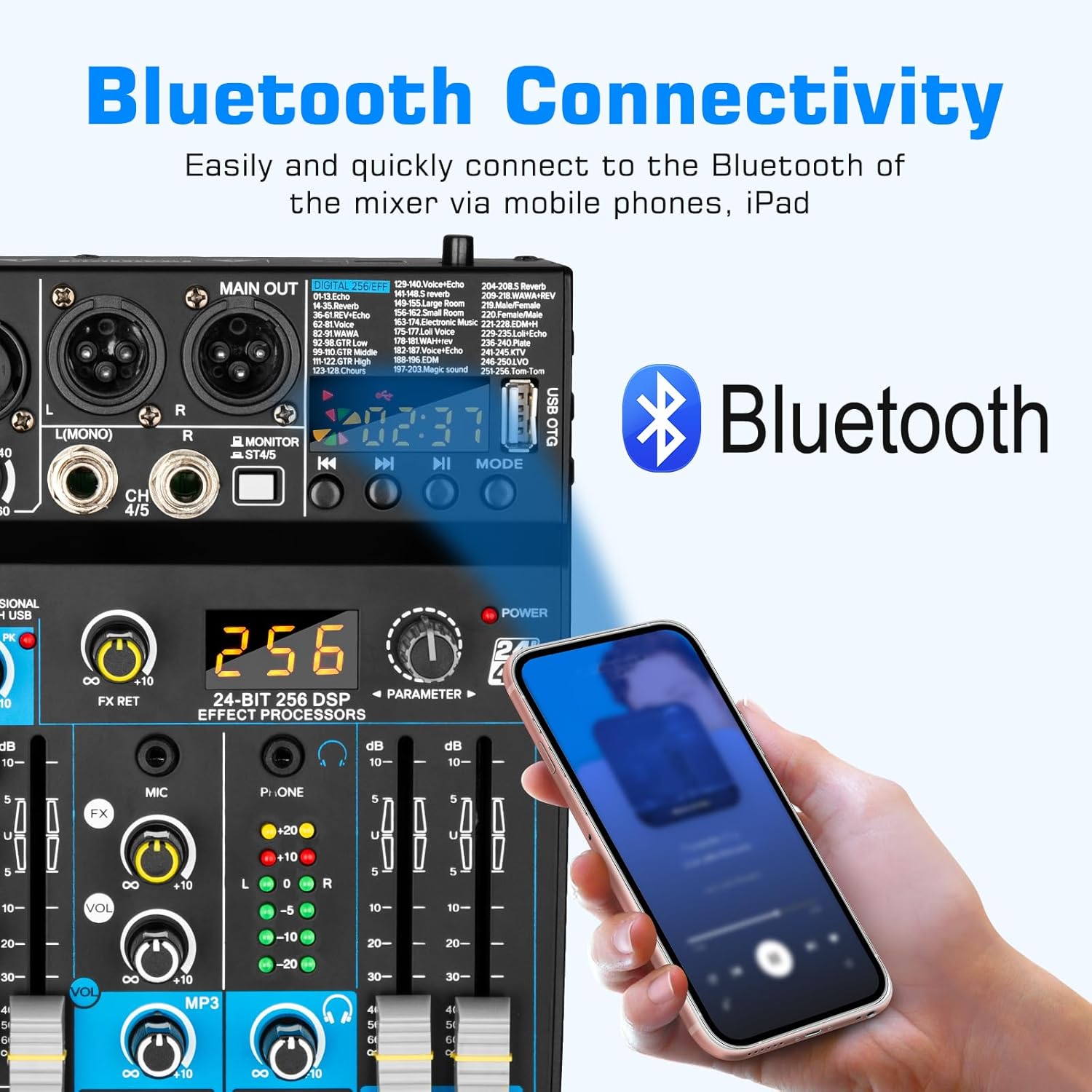 Depusheng Professional Audio Mixer Digital FX 256-Bit DSP USB Bluetooth MP3 Computer DJ Mixer 5 Channel input Interface with 48V Phantom Power for PC recording Live Streaming, Podcasting, Karaok