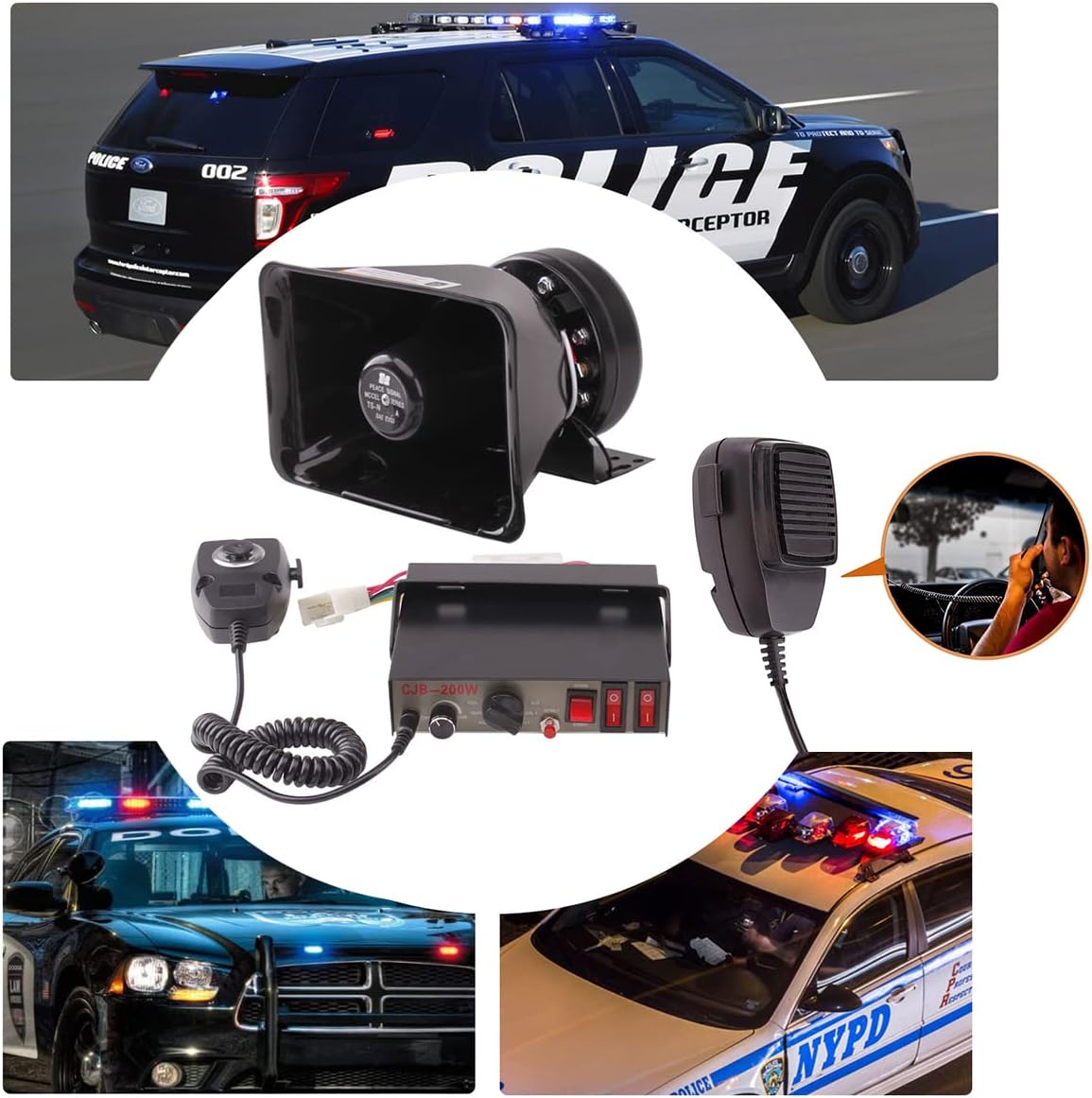 9 Tones 200W Emergency Warning Police Siren Speaker PA System Kit with Handheld Microphone & 2 Lights Control Switches for Firefighter Ambulance Vehicles Truck Car SUV ATV UTV