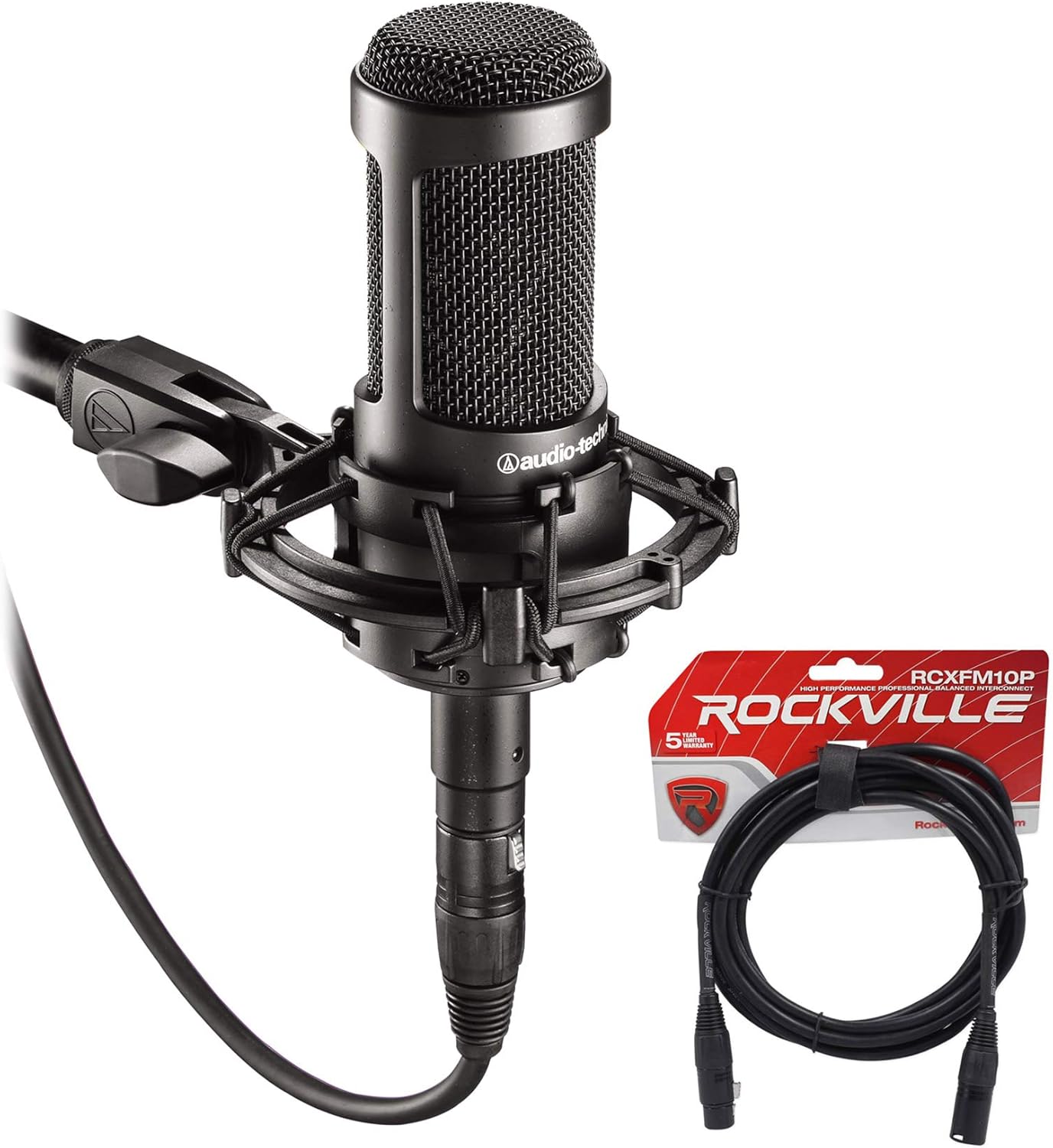 Audio-Technica AT2035 Side Address Cardioid Condenser Studio Microphone with Case Bundle with Rockville RCXFM10P-B Black 10' Female to Male REAN XLR Mic/Speaker Cable