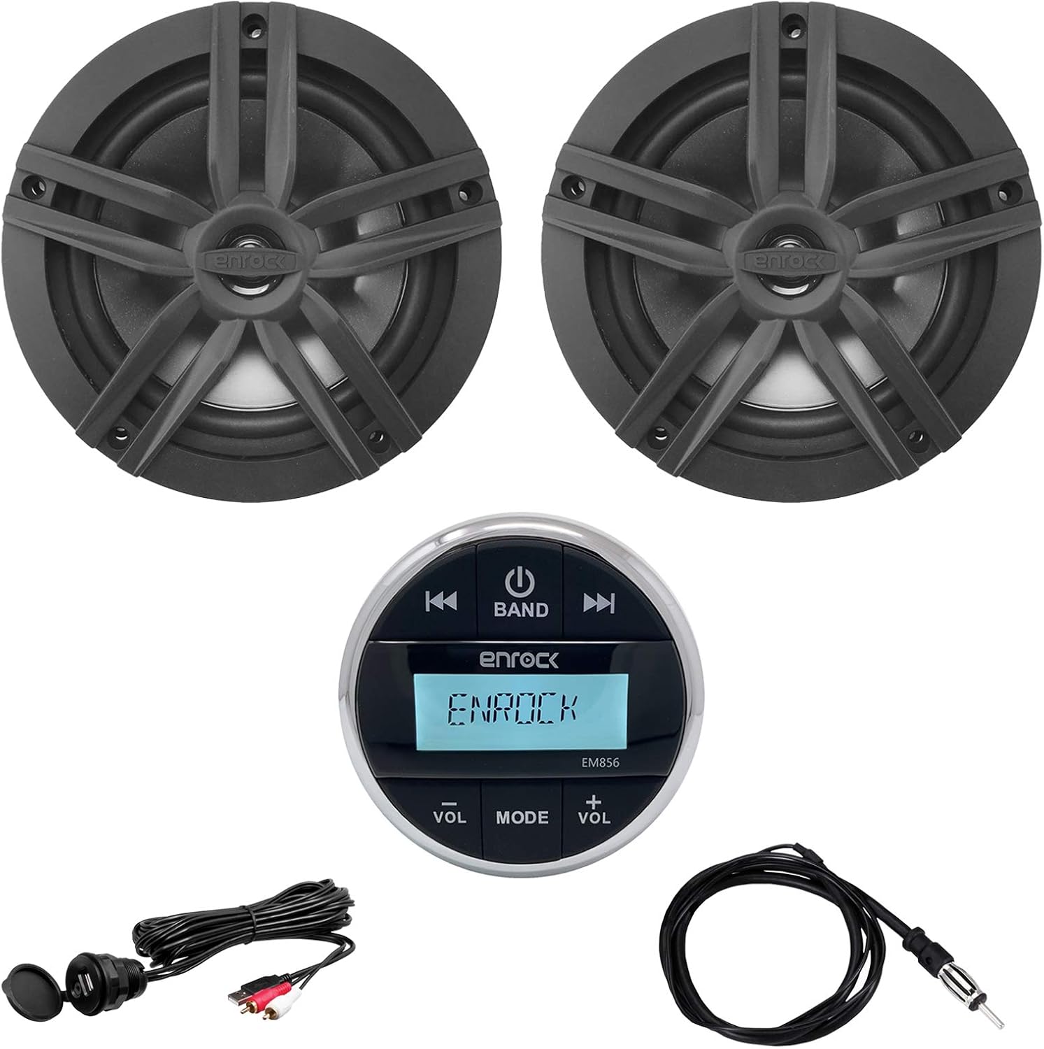 Enrock Multimedia Gauge Style Marine Grade Bluetooth Receiver, 2 x Enrock 2-Way High-Performance 6.5