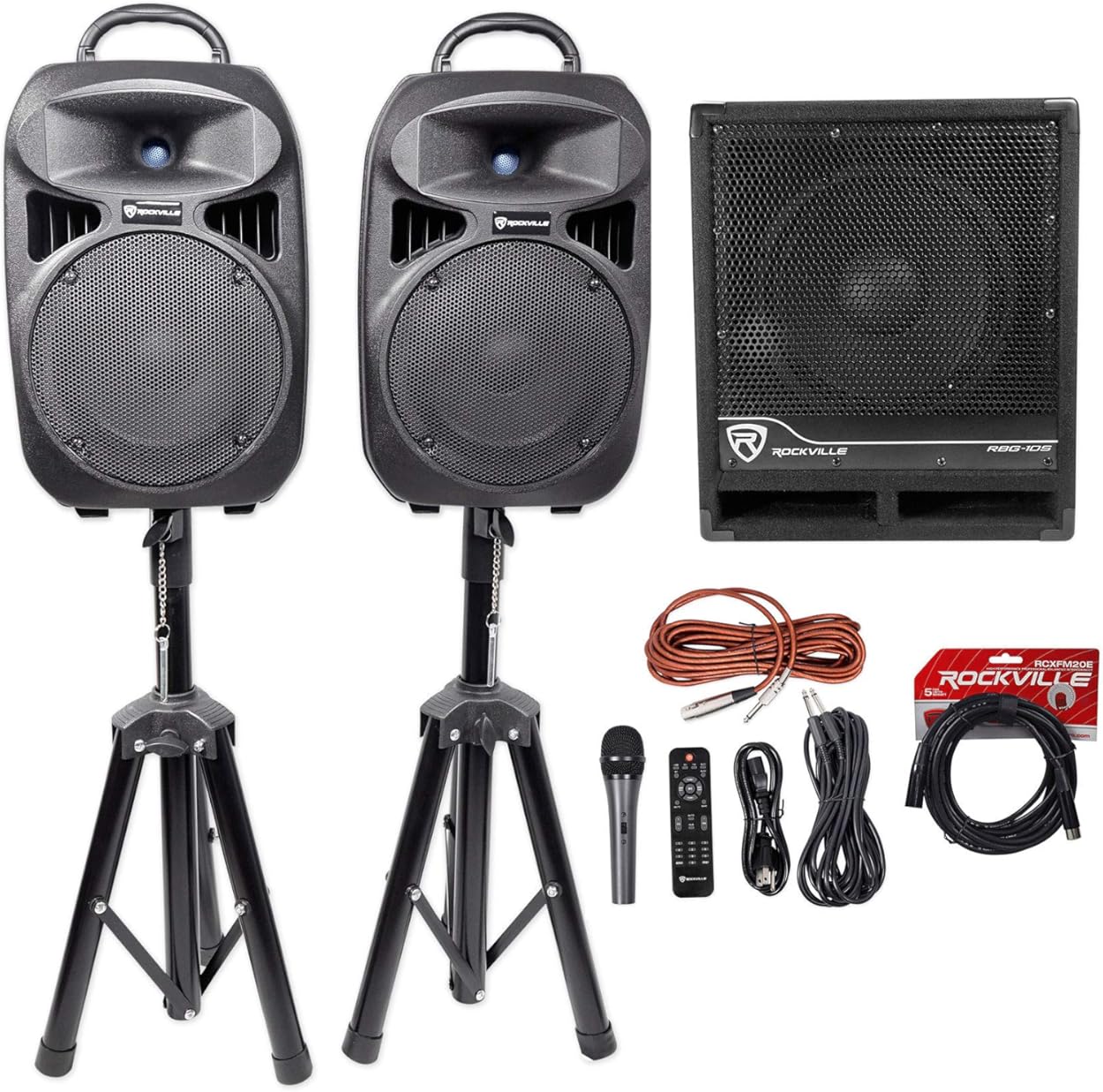 Rockville RPG082K Bundle: Dual 8 in Powered PA Speakers with Bluetooth, Mic, Stands, and Cables, RBG10S 10 in 1200 Watt Powered PA Subwoofer, RCXFM20E-B 20 ft XLR Mic Cable, 3-Items