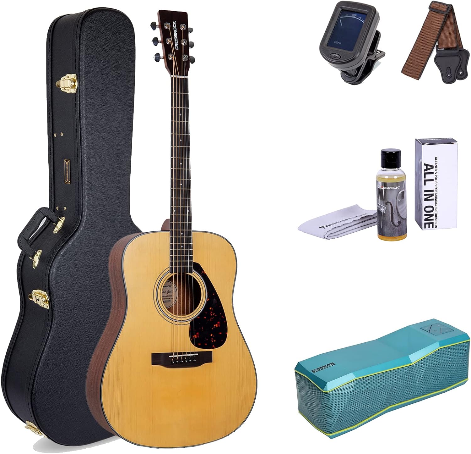 Crossrock Acoustic Guitar Bundle, Spruce Solid Top Dreadnought Guitar with Hard Case and Backpack for Student(CRAG-DF300BK-B)