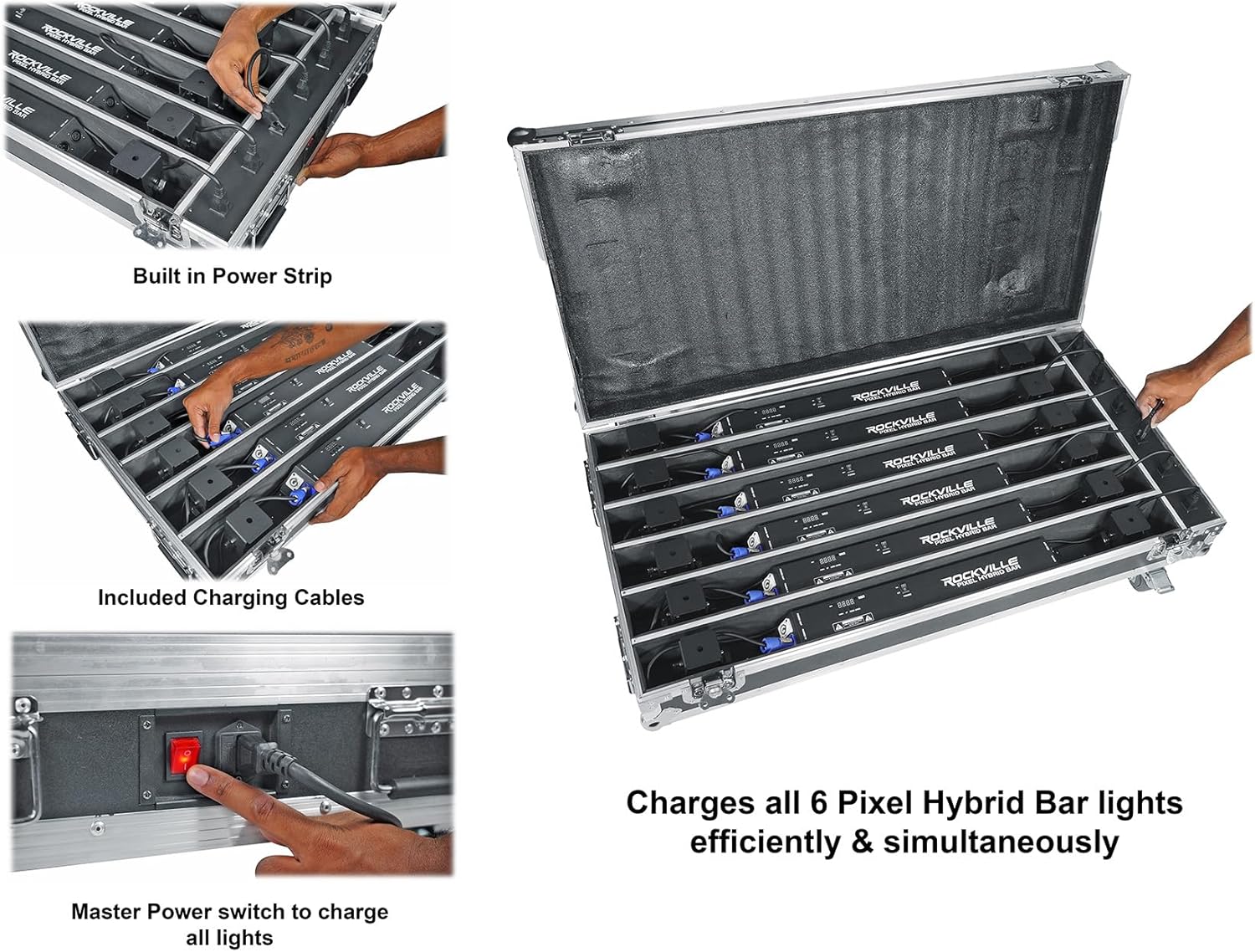 Rockville Pixel Hybrid Pack 6 Battery Powered Bar Wash/Strobe/Blinder Light Strips, RGB 5050 LEDs, Wireless DMX, Custom IR Remote, 10-Hour Battery, Charging Case, for DJs and Stage Lighting