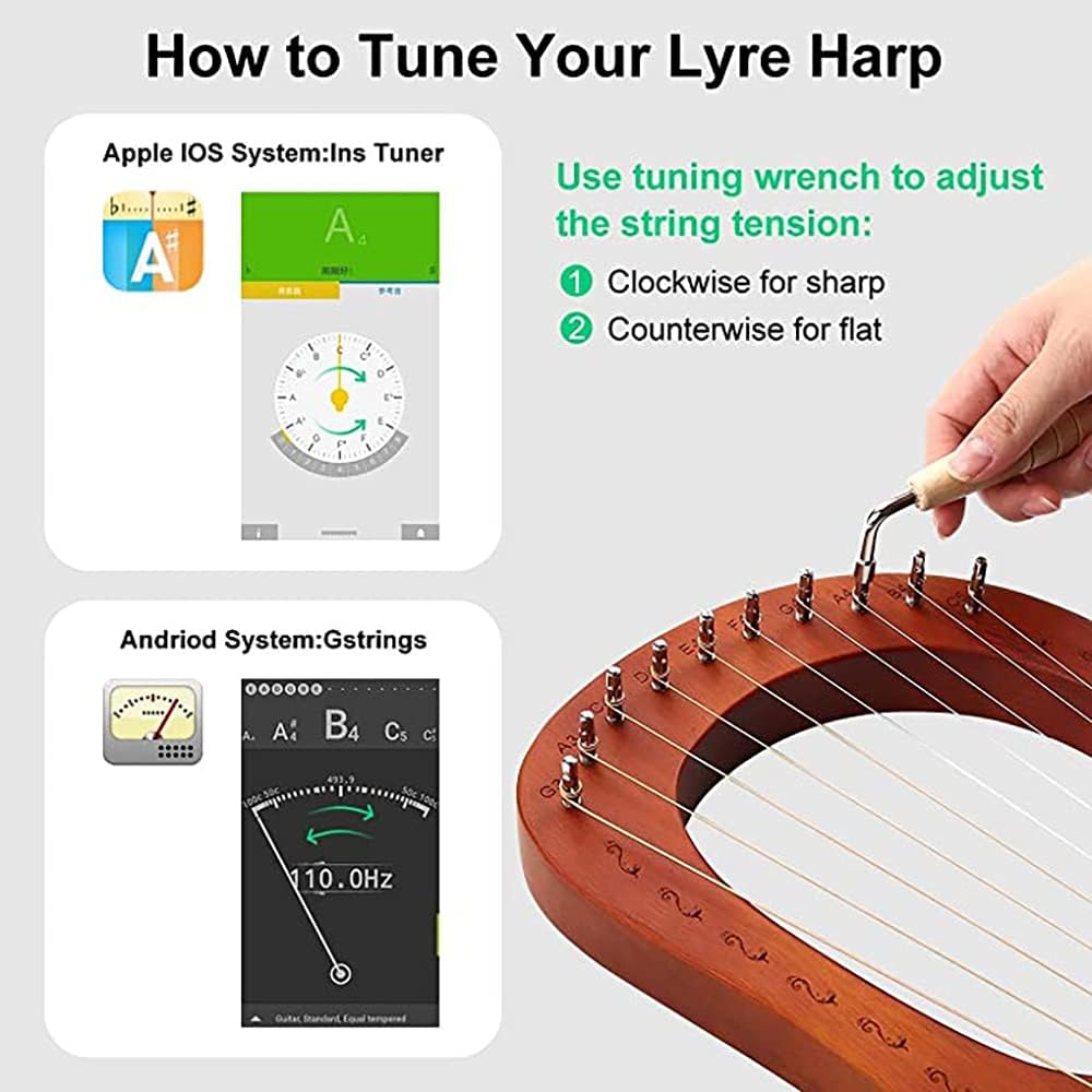 Lyre Harp, 10 Metal Strings, Mahogany Lye Harp with bag Tuning Wrench (Brown)