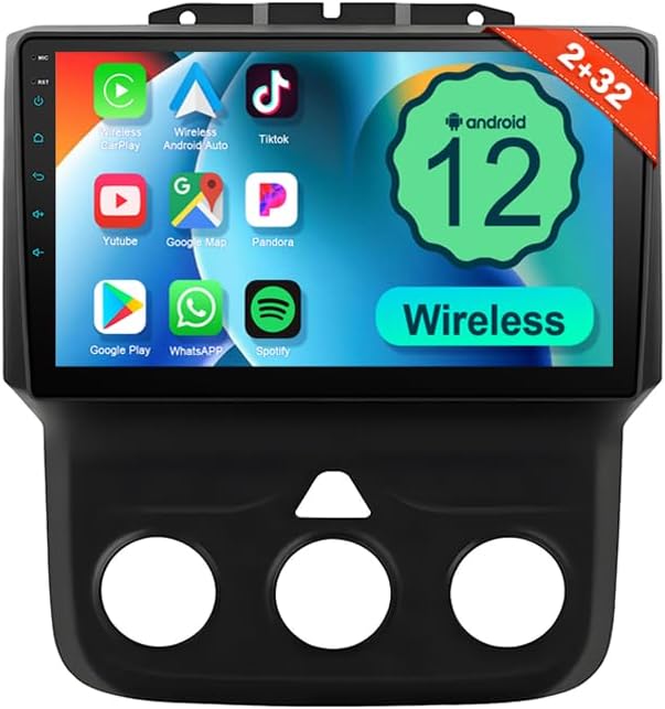 for Dodge RAM 1500 2500 3500 2013-2018 Models Android 12 & 9-inch car Stereo, 2G RAM 32G ROM, with Wireless CarPlay/Android Auto/Touch Screen/GPS Navigation/Bluetooth/WiFi(fit Manual AC)