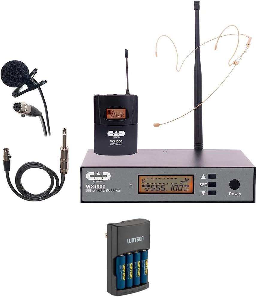 CAD WX1000BP Wireless Bodypack Mic System with Lav, Headset, and Guitar Cable (510 to 570 MHz) Bundle with Watson Rapid Charger with 4 AA Batteries