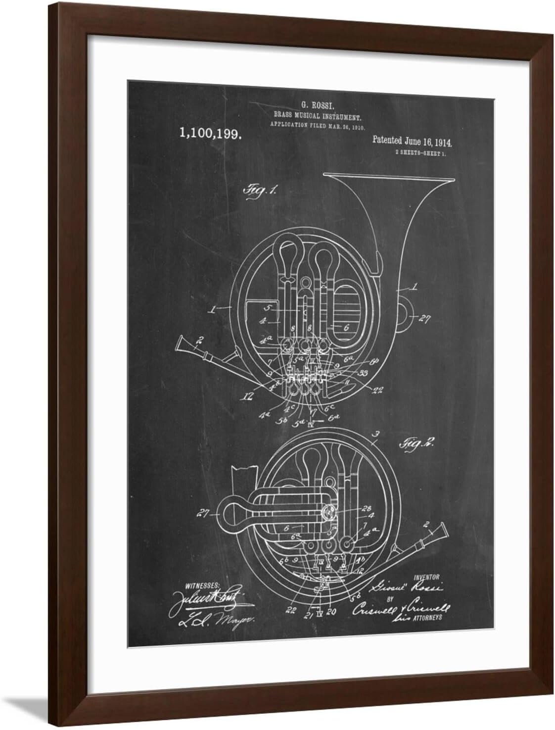 ART.COM Wall Art Print French Horn Instrument Patent on Brown Frame, 32