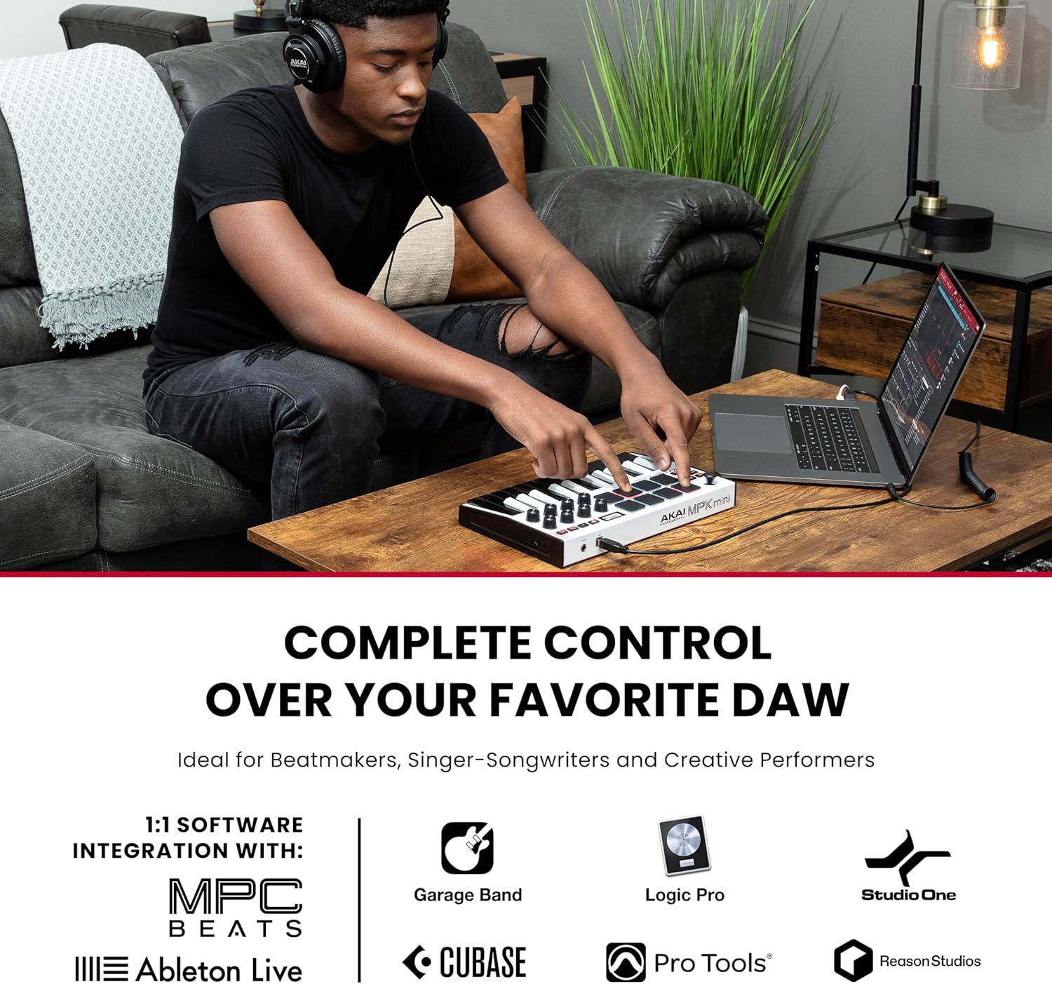 Akai Professional MPK Mini MK3-25 Key USB MIDI Keyboard Controller With 8 Backlit Drum Pads, 8 Knobs, Music Production Software and Native Instruments Sound Package (NKS Integration), White