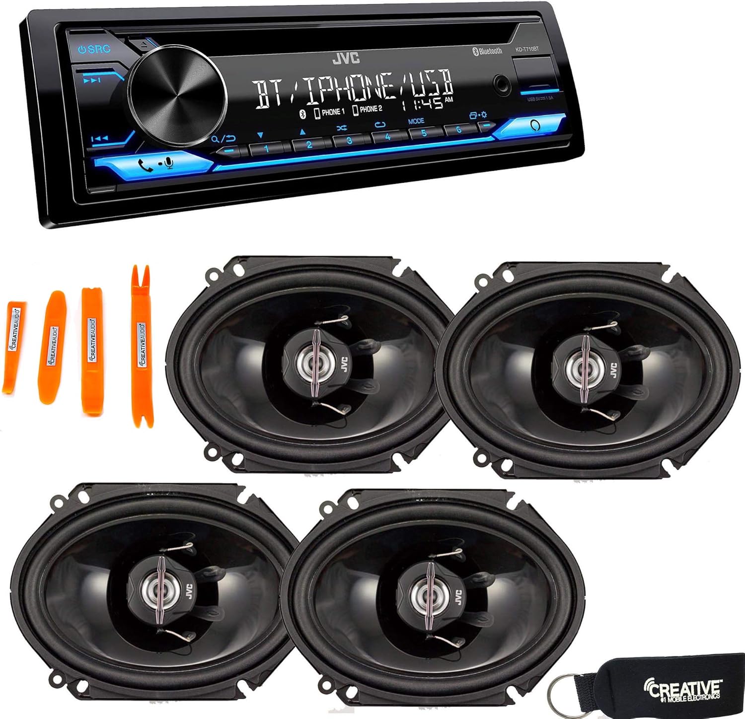 JVC KD-T710BT - CD Receiver Featuring Bluetooth, Front USB, AUX, Amazon Alexa + Two Pairs of JVC 6x8 Speakers