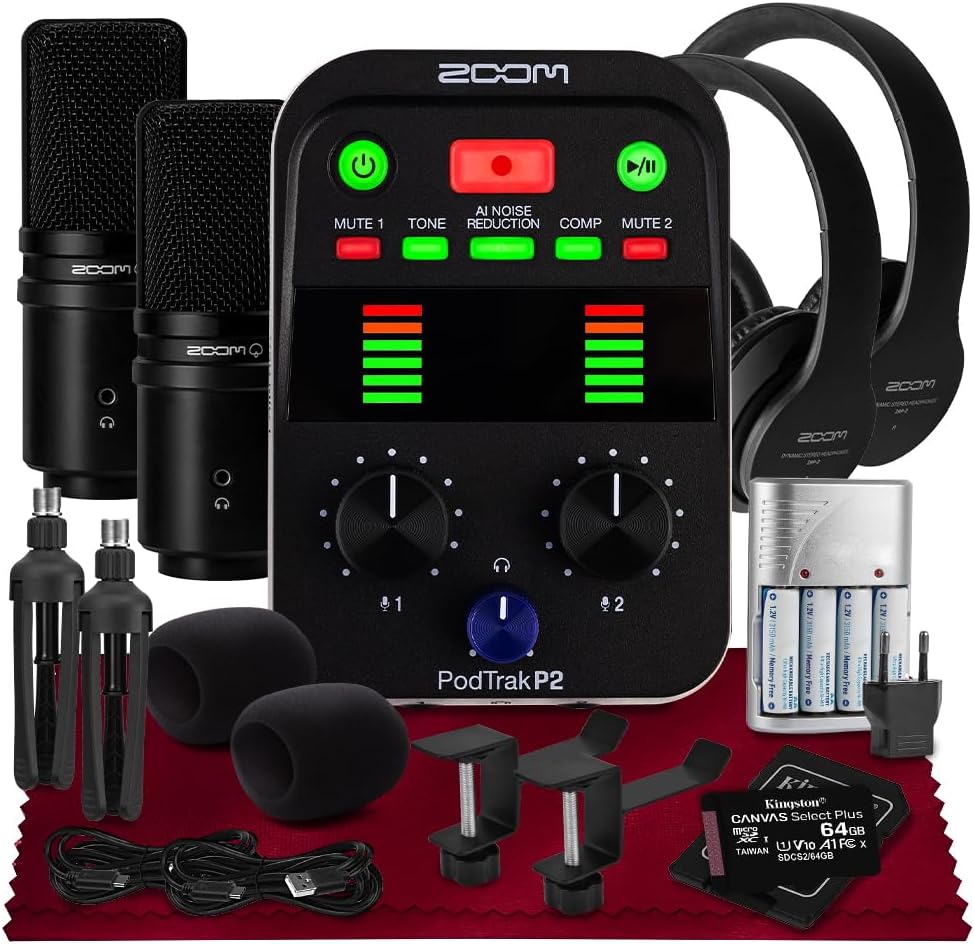 Zoom Podtrak P2 Portable Podcast Recorder, 2 USB Mic Inputs, AI Noise Reduction, 4-Track Recording, Tone & Comp Effects, Dual Headphone Outputs w/ 2 Sets Podcast Mic Pack and Headphone Hangers & More
