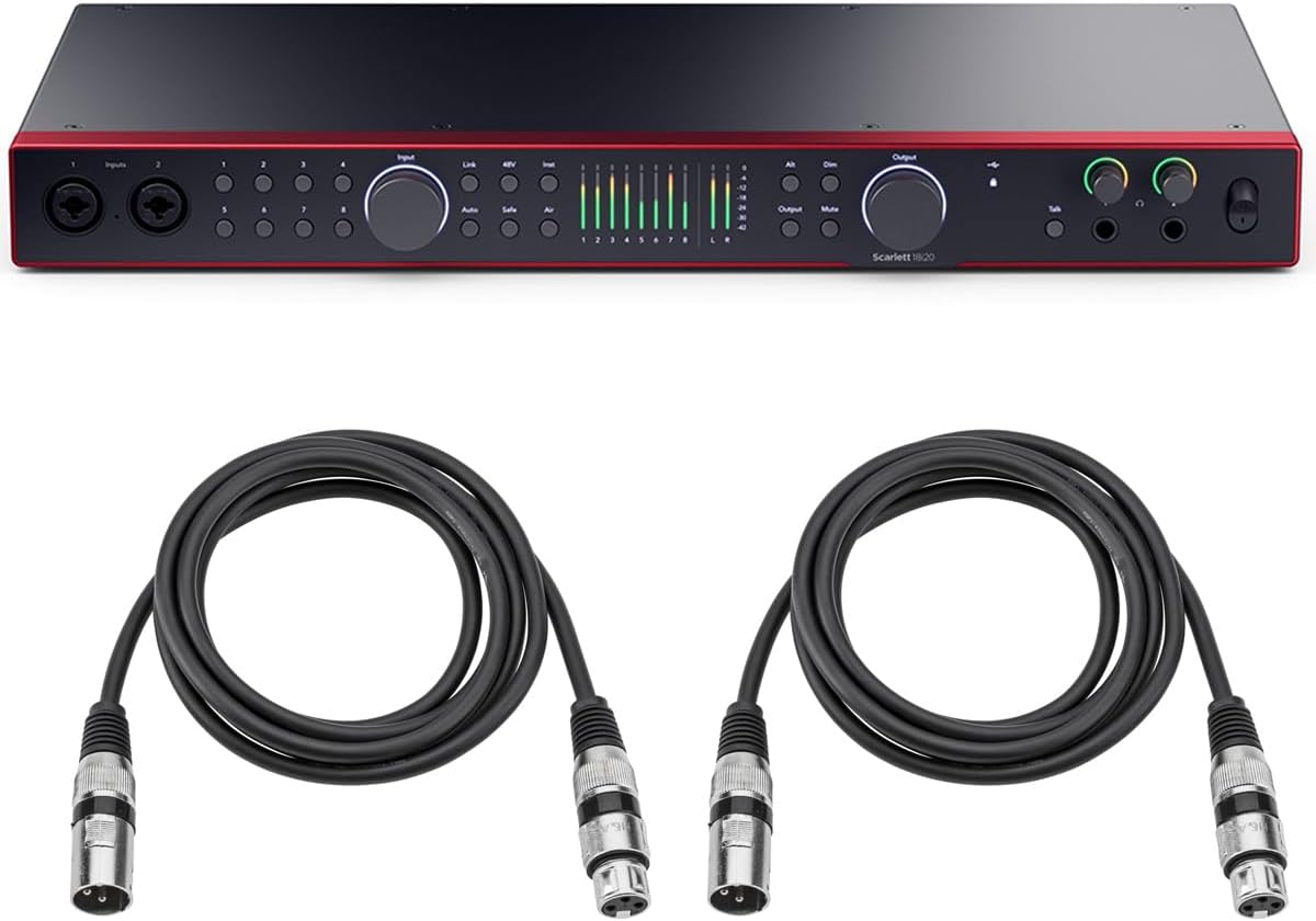 Focusrite Scarlett 18i20 4th Gen USB Audio Interface with Software Suite, Bundle with 2x 10' XLR Male to Female Cable