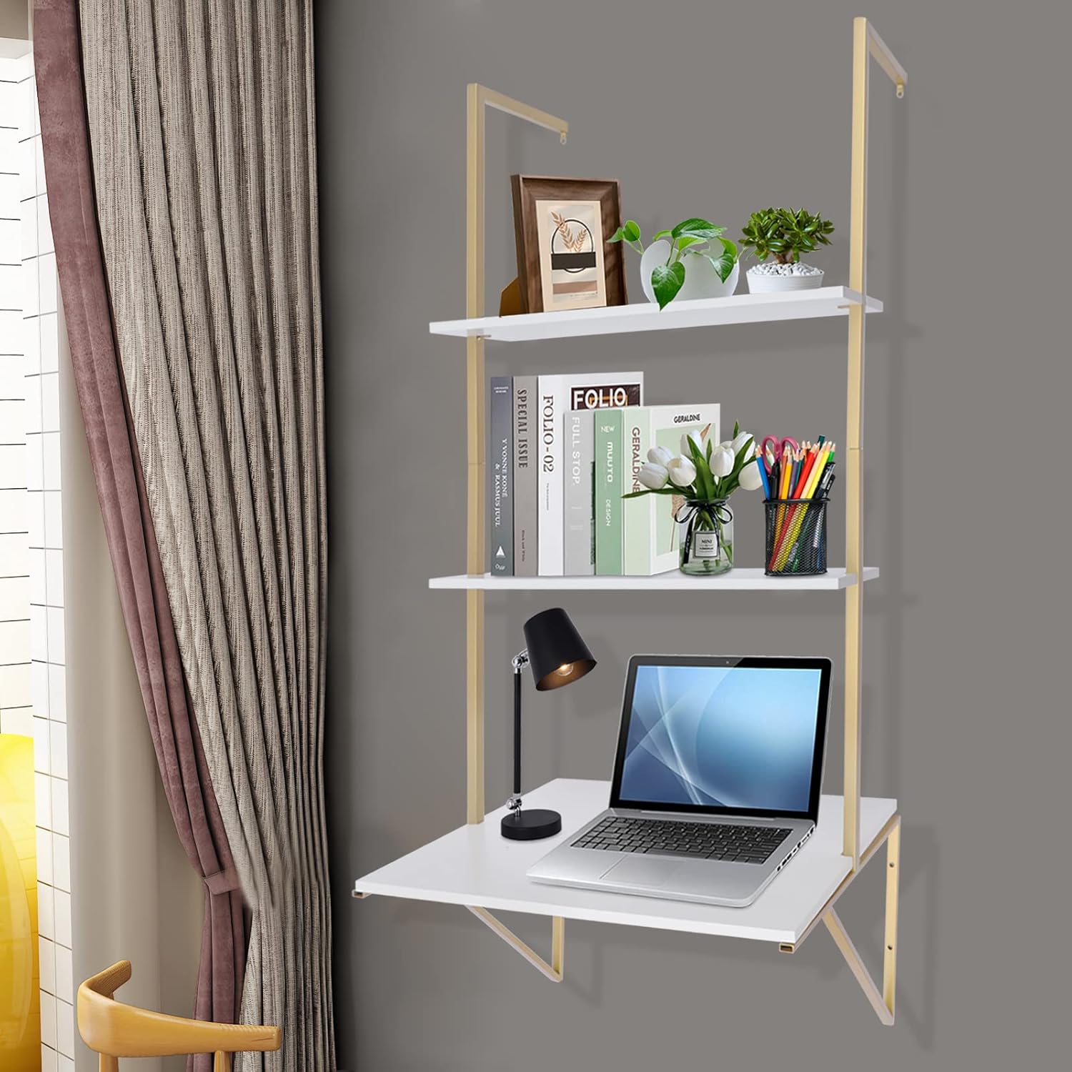 Wall Mount Desk 3-Tier Ladder Computer Desk with Storage Bookshelf Wall Table Industrial Bookcase Desk Industrial Floating Shelves for Home Office White