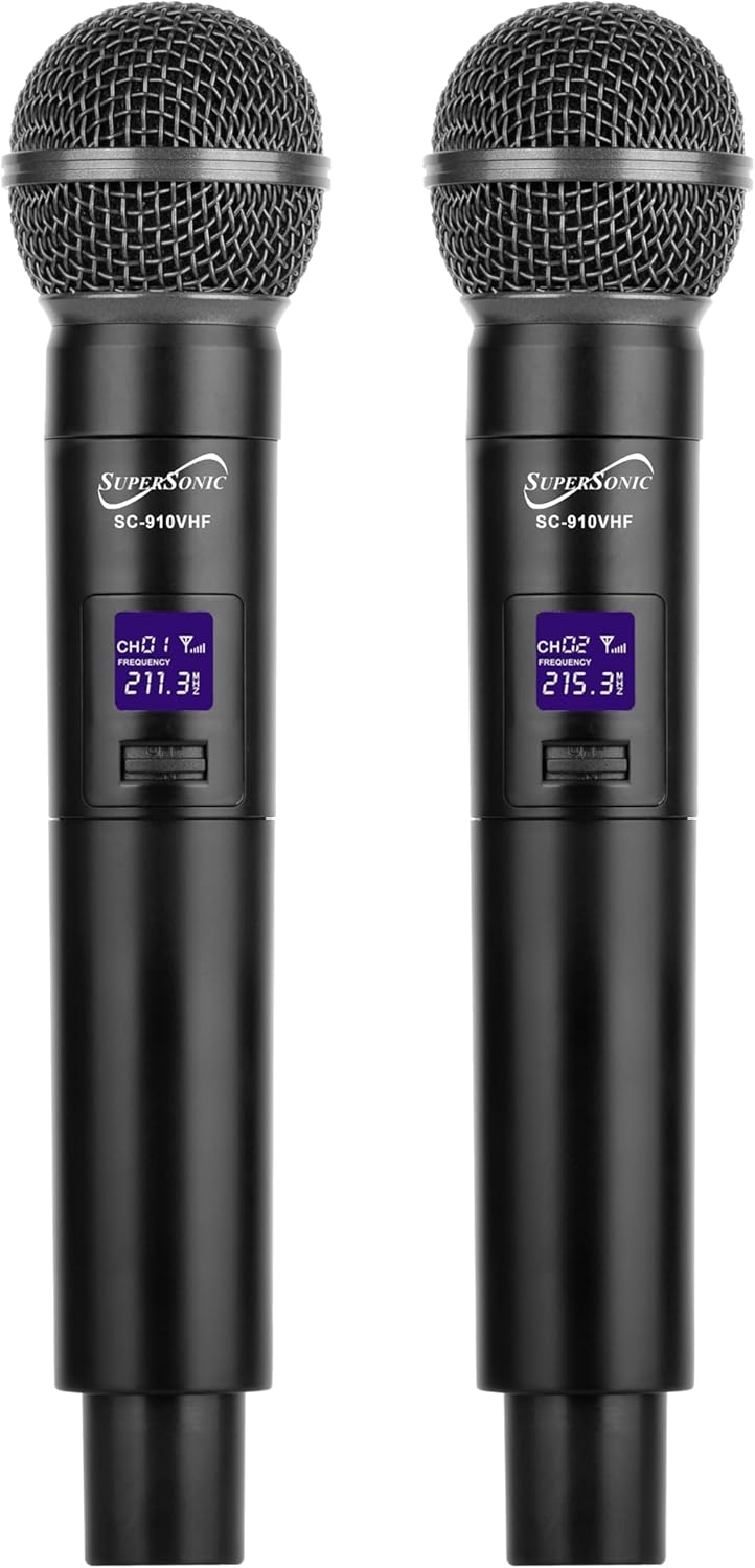 Supersonic SC-910VHF VHF Dual Channel Wireless Microphone with Dual Handheld Transmitters, LED Status Indicator, Long Battery Life for Singing Karaoke, Dj Party, Home KTV Set
