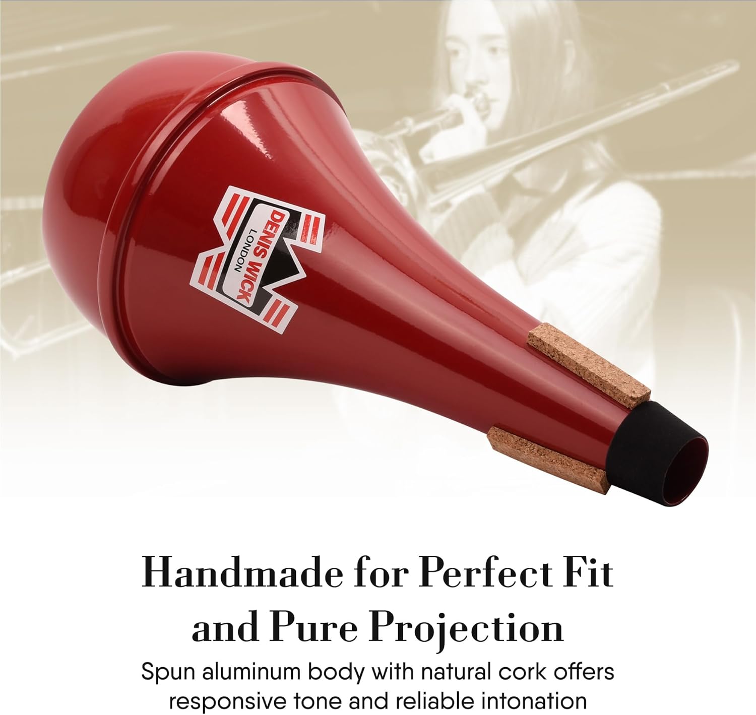 Denis Wick Straight Mute for Trombone with Red Pure Coat Finish, 5505R - Hand-Spun Aluminum Mute with Natural Cork, Extra Focus & Projection, Reliable Intonation & Tight-Bell Fit -5.4 x 5.4 x 11 In
