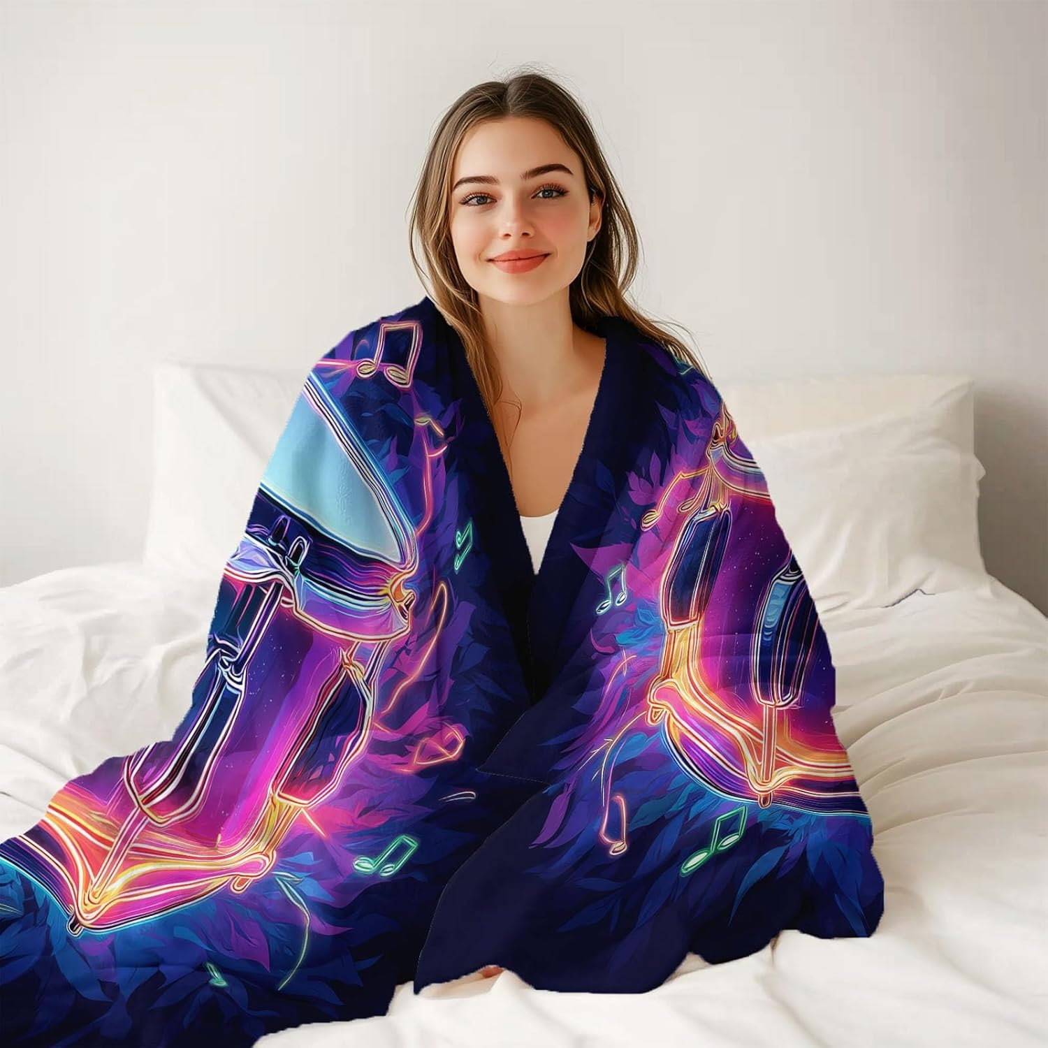 Throw Blanket Size for Couch Dark Blue Bedding Soft Lightweight Plush Drum Set Pattern Blankets, Sofa Bed Office Chair Throws for Boys Girls Modern Music Style Blanket Throws 90