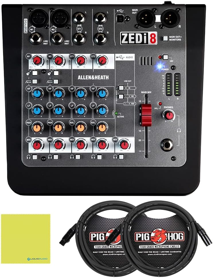 Allen & Heath ZEDi-8 Hybrid Compact Mixer/USB Interface Bundle w/ 2-Pack Pig Hog PHM10 8mm Mic Cable and Liquid Audio Polishing Cloth