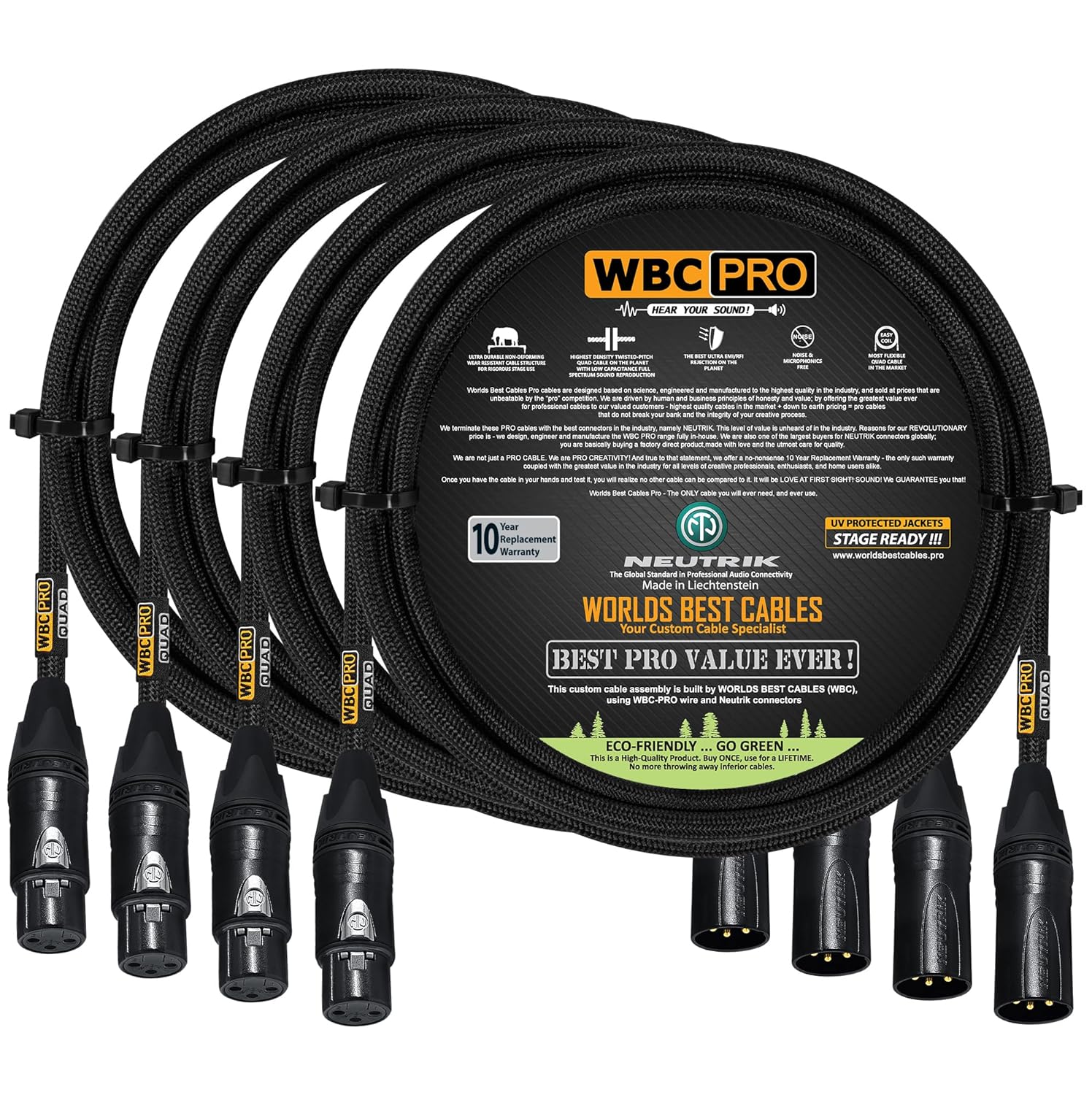 4 Units - 2 Foot - WBC-PRO-Quad Ultra-Silent Ultra-Flexible Balanced Star-Quad Cable with Neutrik Male & Female XLR Plugs & Black Tweed Jacket