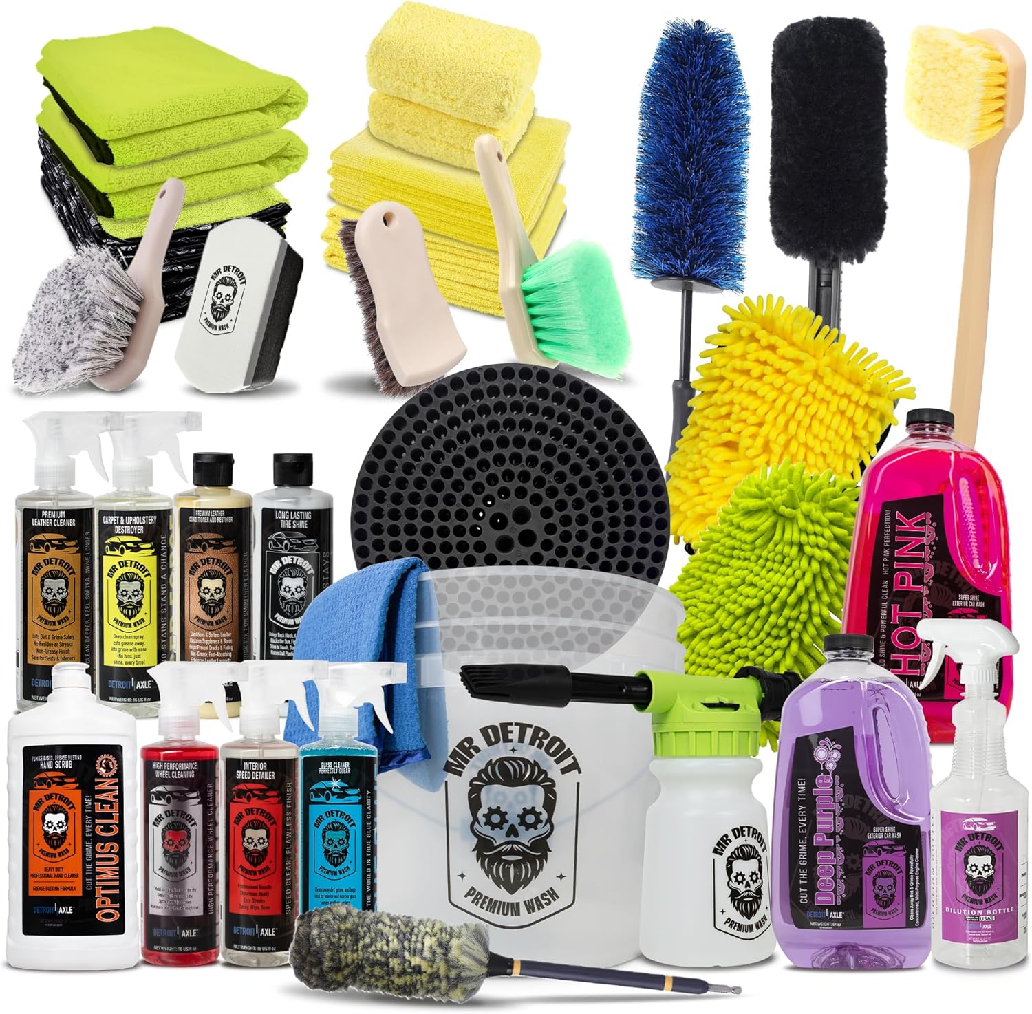 Mr. Detroit - 31pc Car Wash Kit with Foam Blaster, Bucket, Car Care Cleaners, Towels, Wash Gloves, Brushes, Leather Conditioner, Sponge Pads, Exterior and Interior Detailing for Vehicles