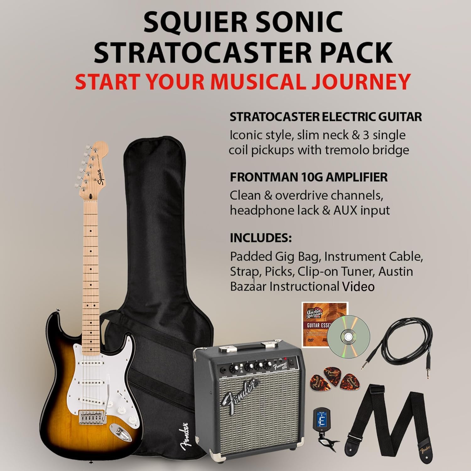 Fender Squier Sonic Strat Pack - 2-Color Sunburst Bundle with Frontman 10G Amp, Gig Bag, Tuner, Strap, Cable, Picks, and Austin Bazaar Guitar DVD