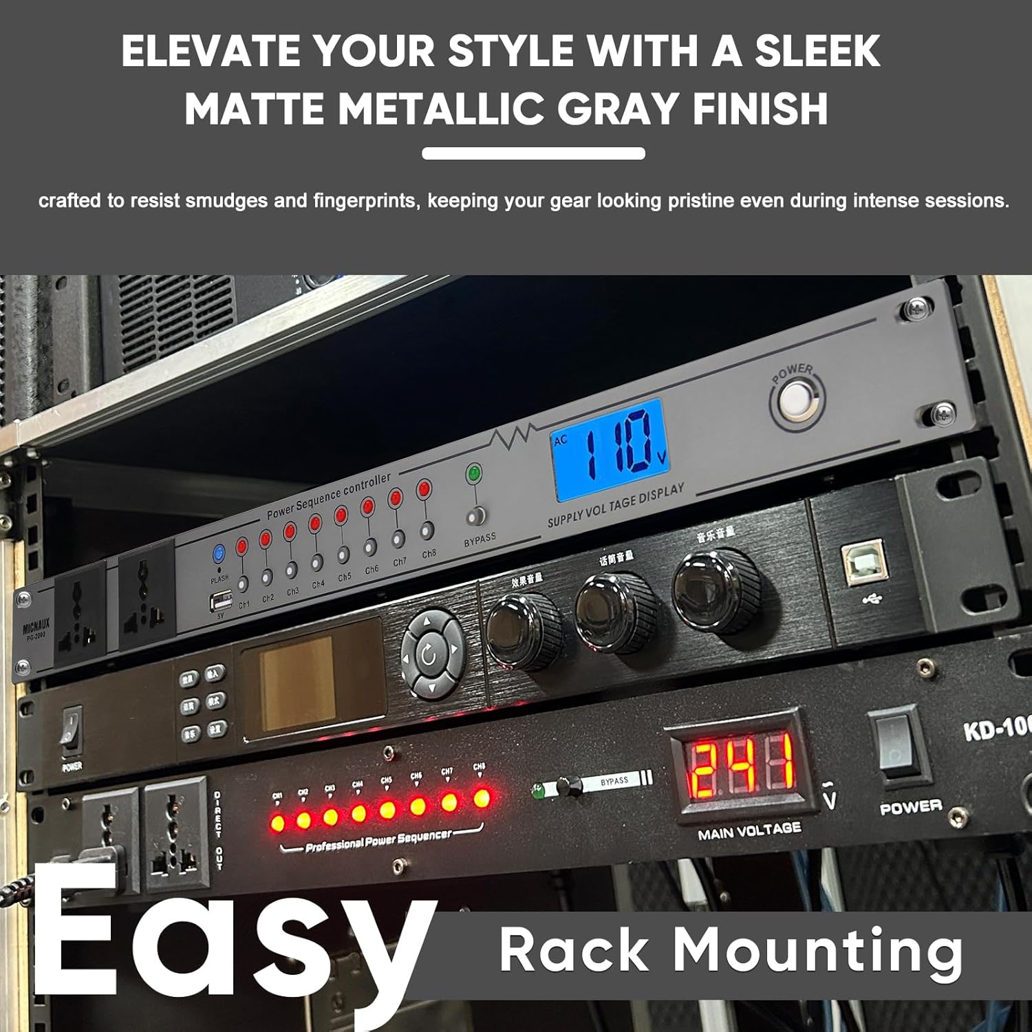 Rack Mount Power Conditioner 20A Sequencer for Audio Equipment, 10 Outlets 2000W Power Supply with 8 Independent Controls, Surge Protector, Voltage Display, External Switch