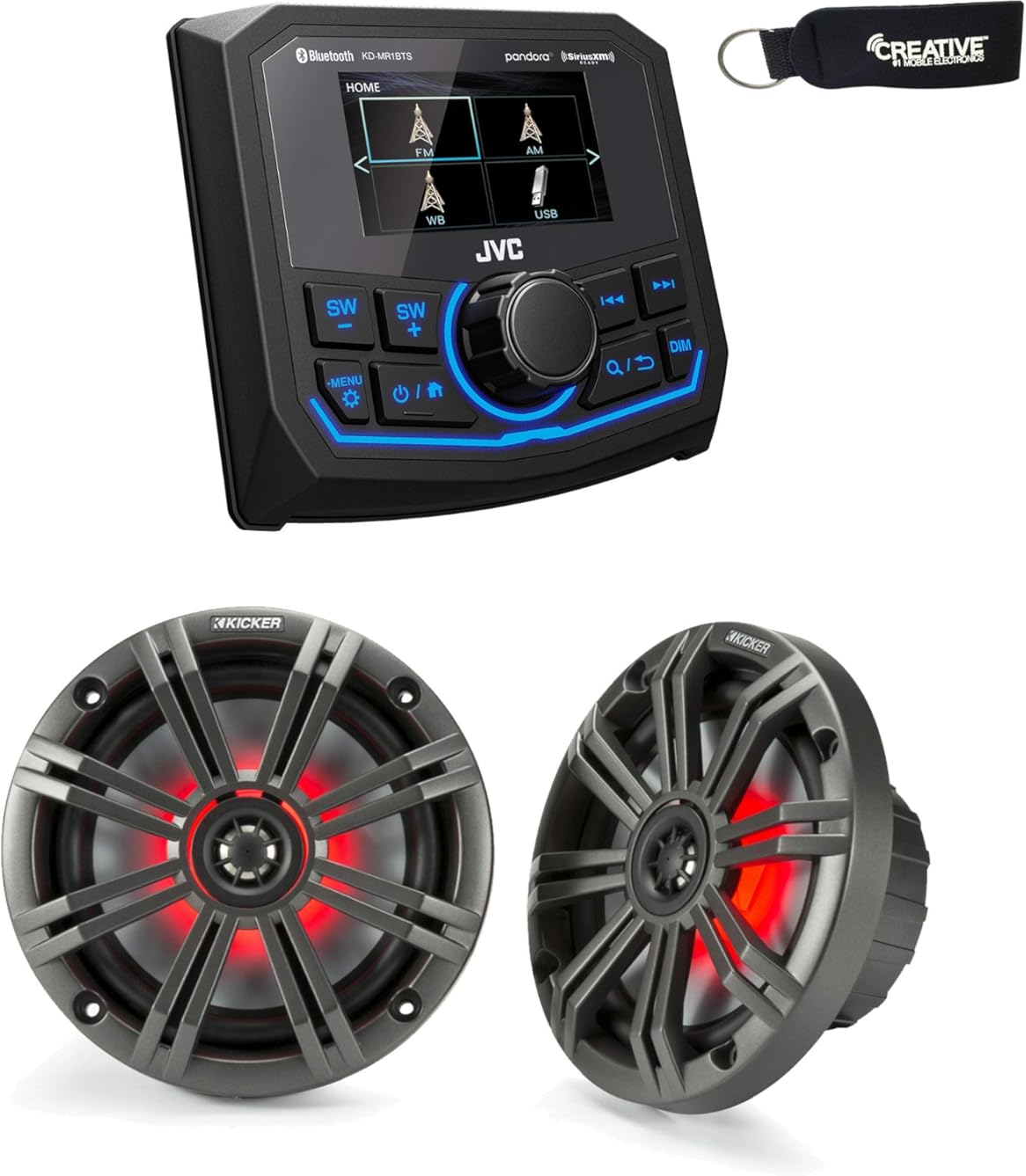 JVC KD-MR1BTS Bluetooth Marine Receiver w/A Pair of Kicker LED Marine OEM Replacement Speakers - Charcoal
