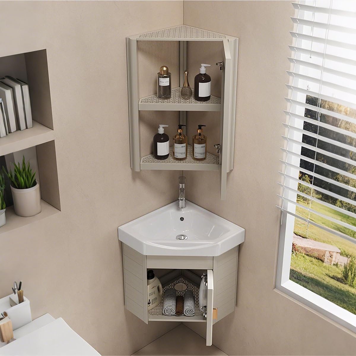 Ceramic Bathroom Corner Sinks, Small Bathroom Sink Wall Mount Bathroom Corner Sinks, Wall Cabinet With Utility Sink Set, For Small Space, Single-apartment(White,38cm)