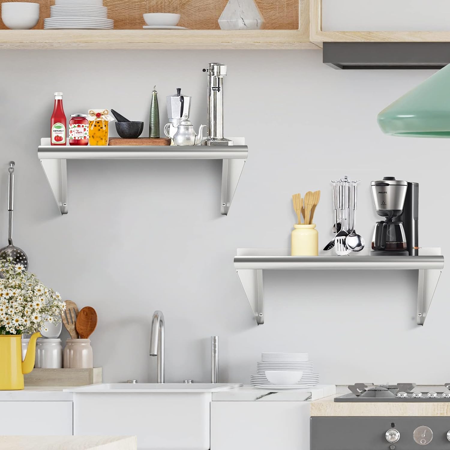 Commercial Stainless Steel Shelf 12 x 24” 2 Pack, Wall Mounted Food Service Storage Rack Shelves, Heavy Duty 250 lb Metal Shelf for Kitchen, Restaurant, Food Truck, Garage, Laundry Room