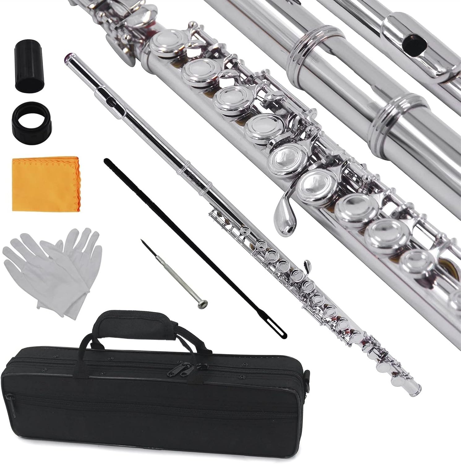 Flute Kit Closed Hole C Flute 16 Keys Cupronickel Nickel-Plated Wind Instrument with Carry Case Cleaning Cloth Gloves Mini Screwdriver Intermediate Flute