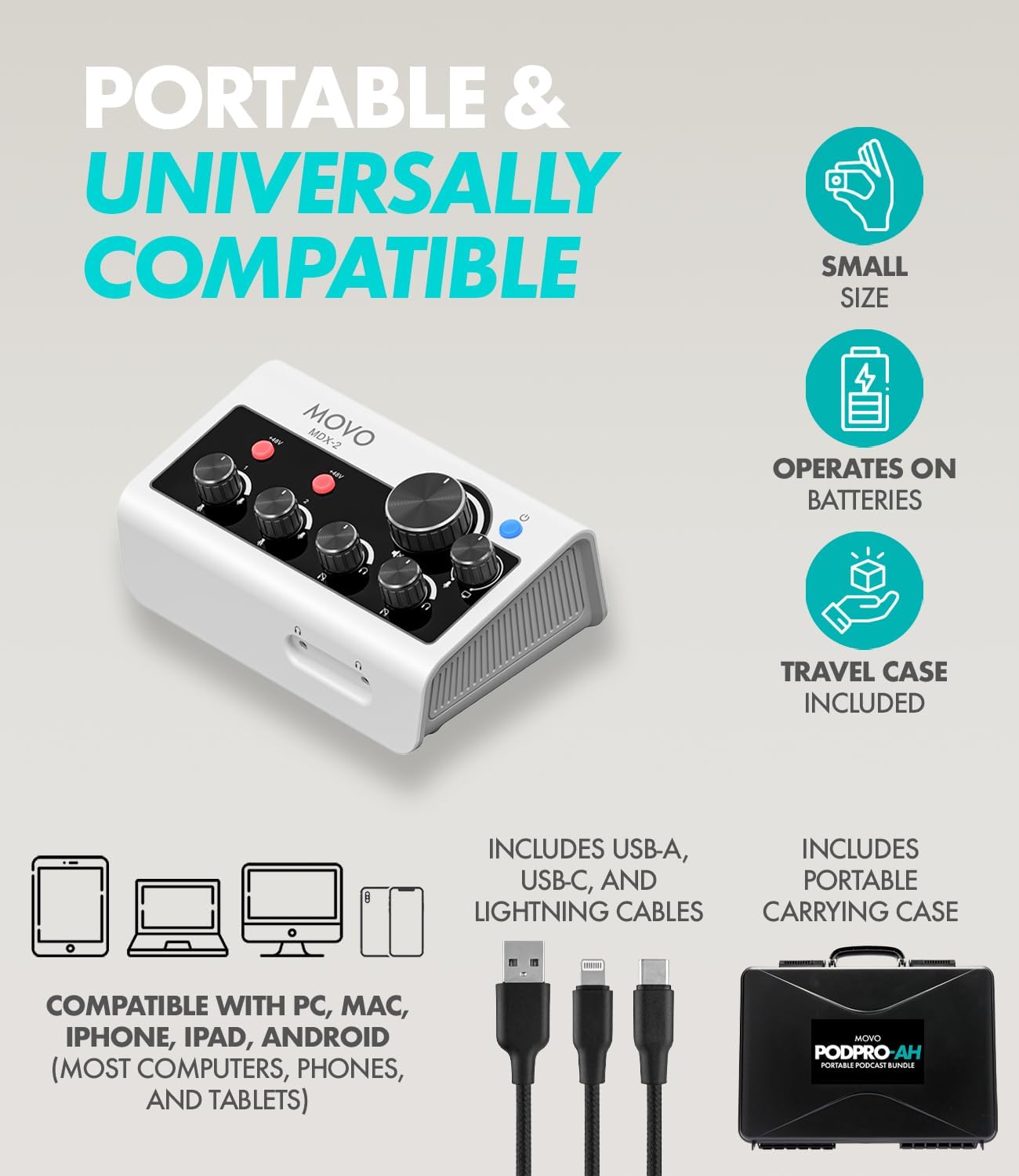 Movo Portable Podcast Equipment Bundle for iPhone/Android Phones- Podcast Kit with Audio Interface, 2 CastMic Dynamic Mics, 2 Headphones, 2 Boom Arms - for Smartphones, Computers, PC and Mac