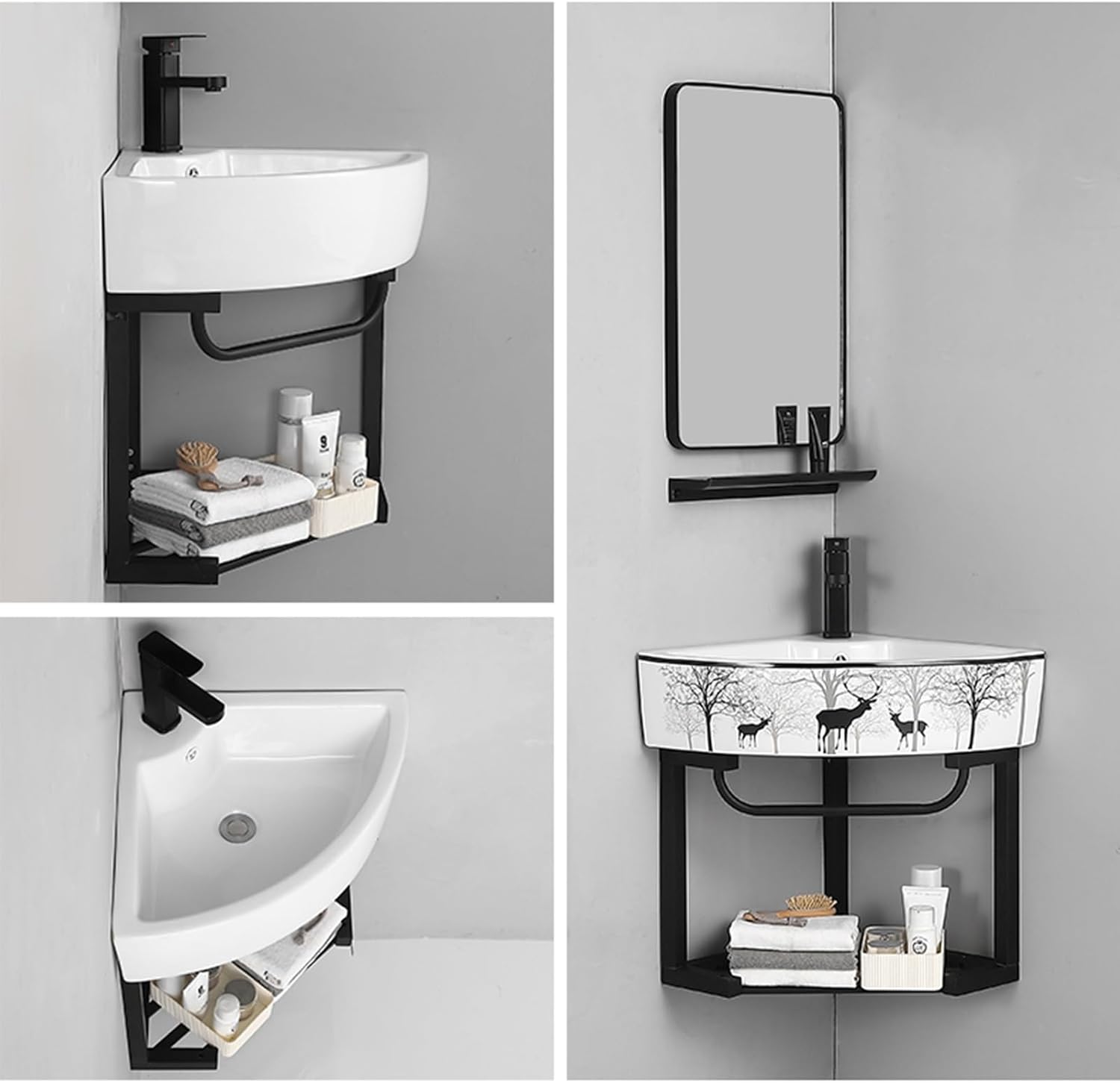 Wall Mount Corner Ceramic Sink Corner Bathroom Vanity Bathroom Sinks with Storage Container Modern Bathroom Storage Cabinet for Small Space Bathroom Cabinet with Faucet and Drain(B)