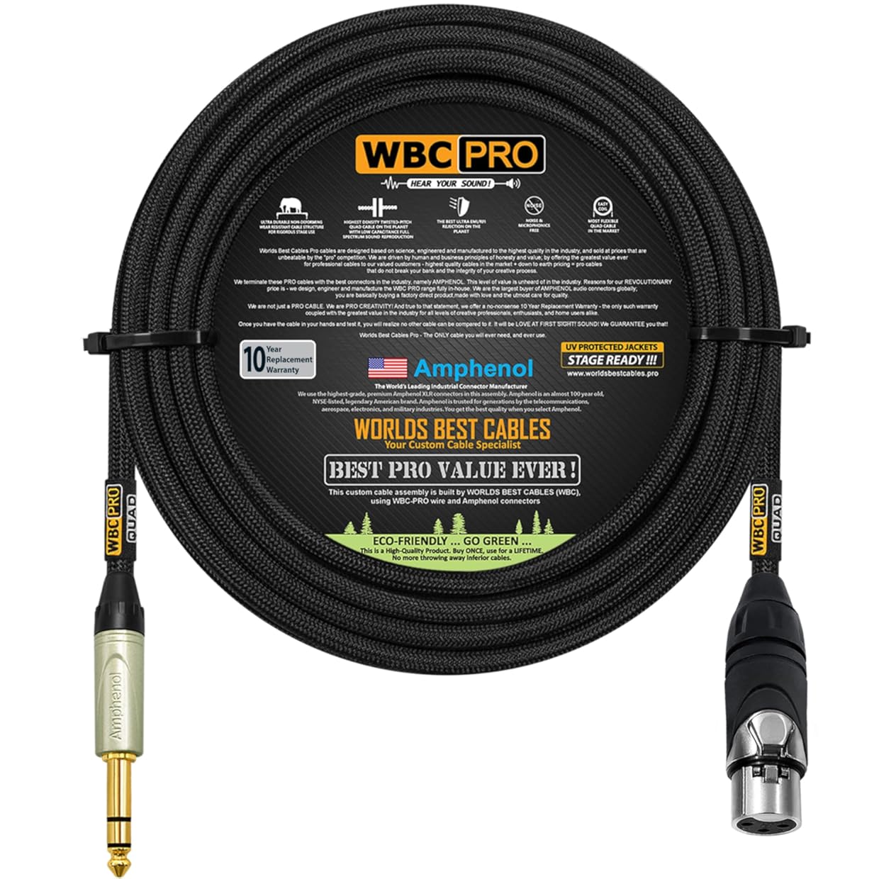 150 Foot - WBC-PRO-Quad Ultra-Silent Ultra-Flexible Balanced Star-Quad XLR to TRS Cable with Amphenol AXX3F Female XLR & QS3P-AU Straight TRS Stereo Phone Plugs - Black Tweed Jacket