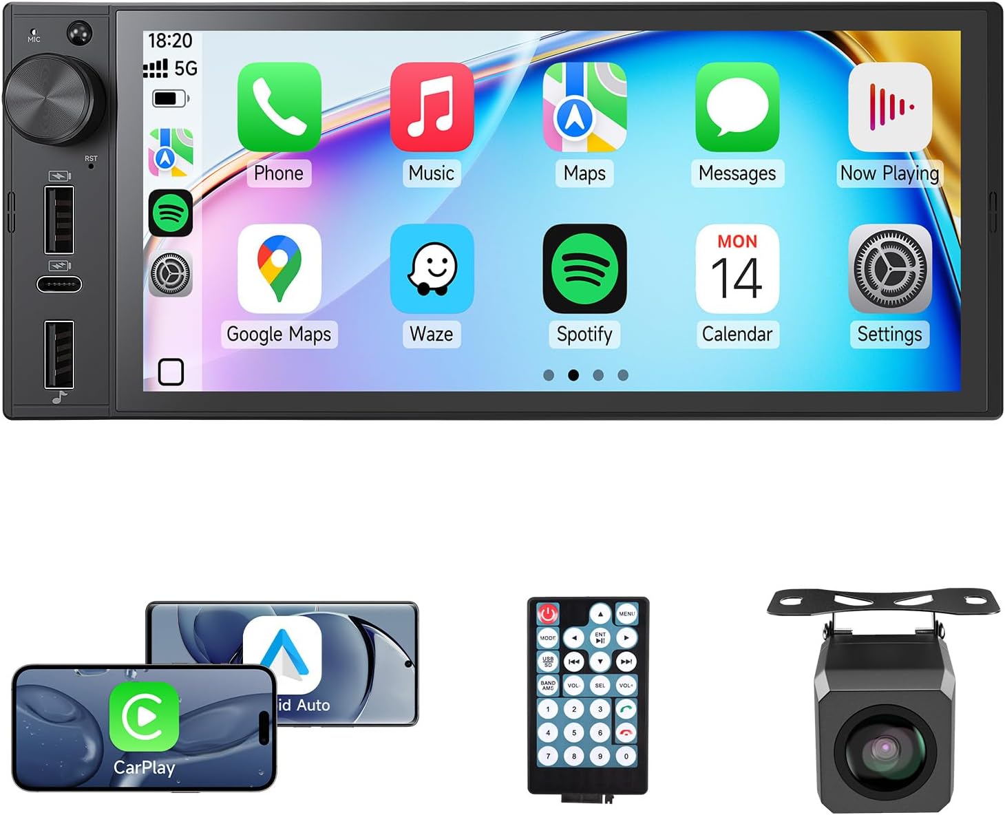 Single Din Radio Car Stereo with CarPlay, 6 Inch in-Cell Touchscreen Radio, Car Radio Bluetooth Support Android Auto, Mirror Link, Car Radio with Backup Camera USB&Type-C FM SWC EQ