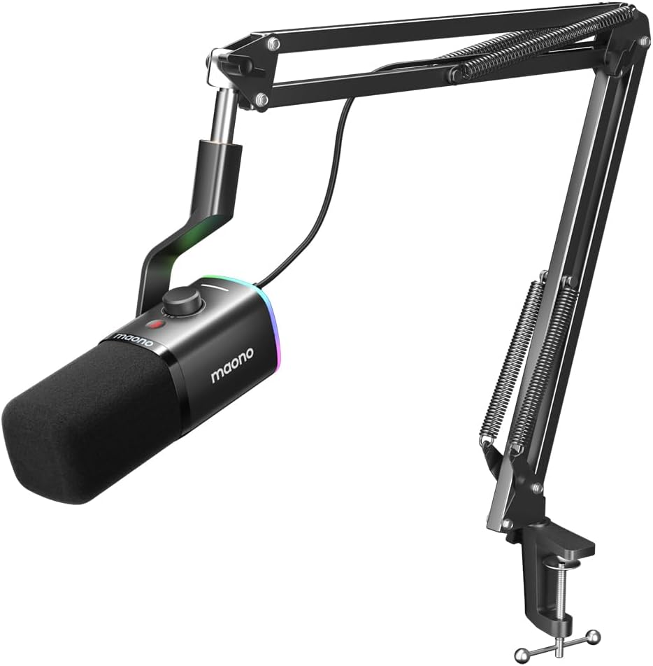 MAONO XLR/USB Gaming Microphone with BA20 Boom Arm, PC Computer Gaming Streaming Mic with RGB Light, Mute Button, Headphones Jack,Bundle for Gaming Podcast Recording (PD100X Black+BA20 Black)