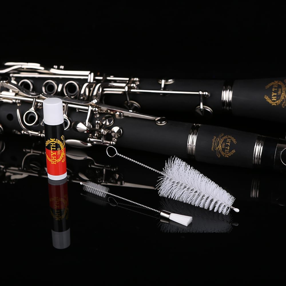 Rhythm Bb Clarinet 17 Nickel Keys Woodwind Band & Orchestra Musical Instruments for Beginners Includes Case, Stand, 10 Reeds and Cleaning Kit-Black/Silver keys