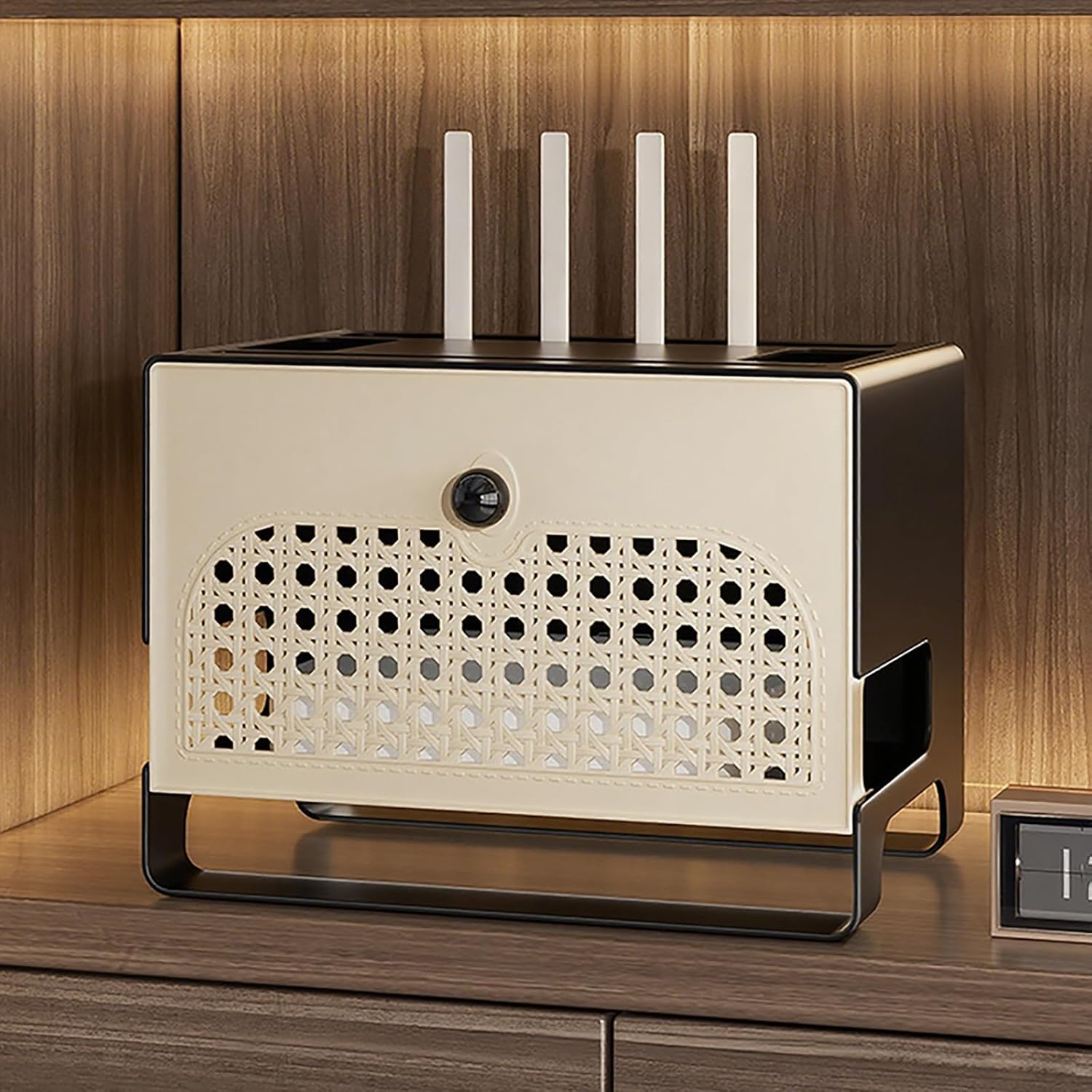 Rattan Router Shelf, WiFi Box Hider with Hollowed-Out, Cable Power Plug Wire Storage Boxes, Rustic Home Organization Solution for Most Routers