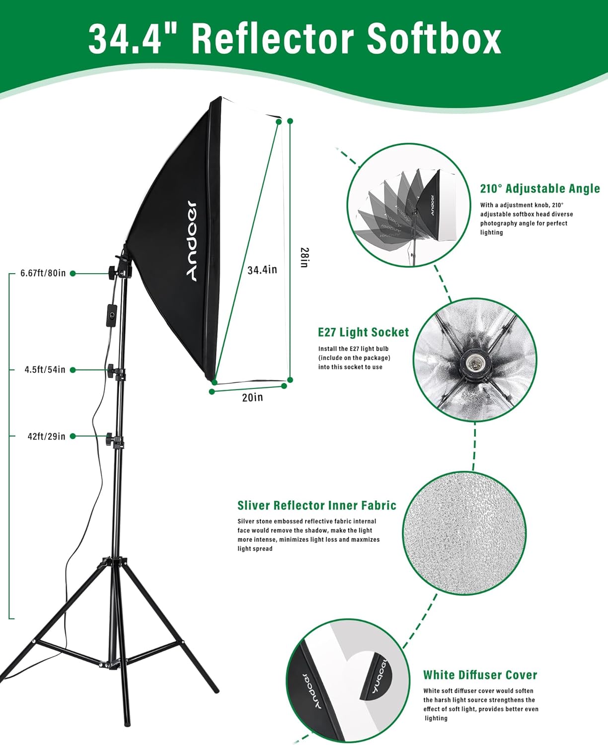 Andoer Professional Softbox Photography Studio Lighting Kit with 3 Color Backdrops, 6.5*10ft Backdrop Stands, Photography Umbrellas for Product Photography Portrait Video Shooting and Live Streaming