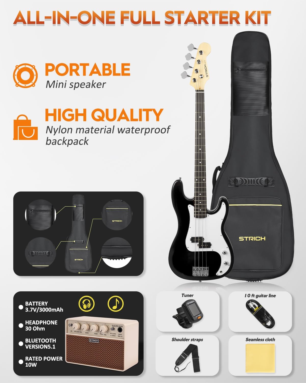 STRICH Electric Bass Guitar 4 Strings Full-Size Beginner Kit, PB-Style Standard Bass for Starter with 2 x 5w Amp, Bag, Tuner, Strap, Cable, SPB-S10 Black